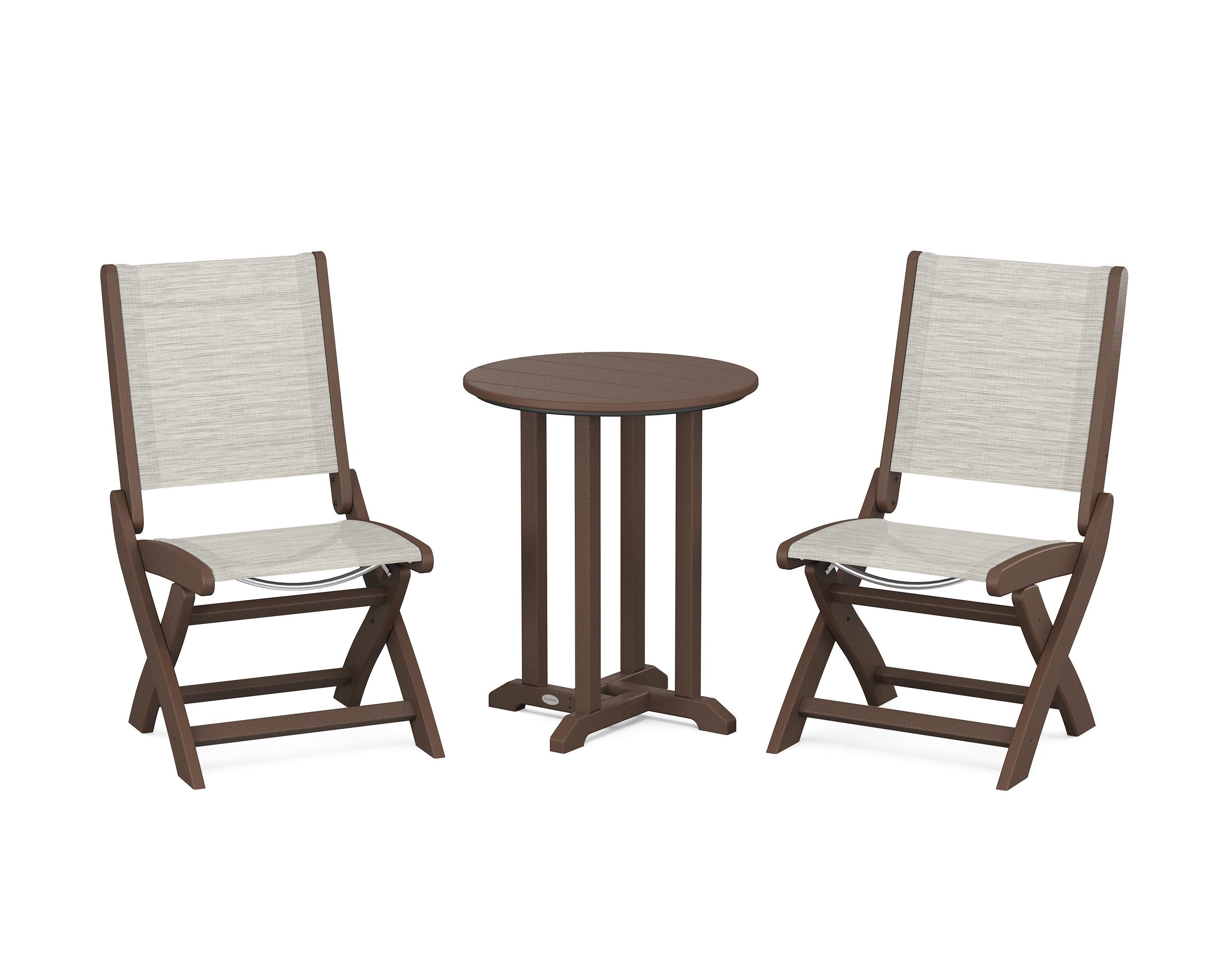 POLYWOOD Coastal Folding Side Chair 3-Piece Round Bistro Dining Set in Mahogany / Birch Sling