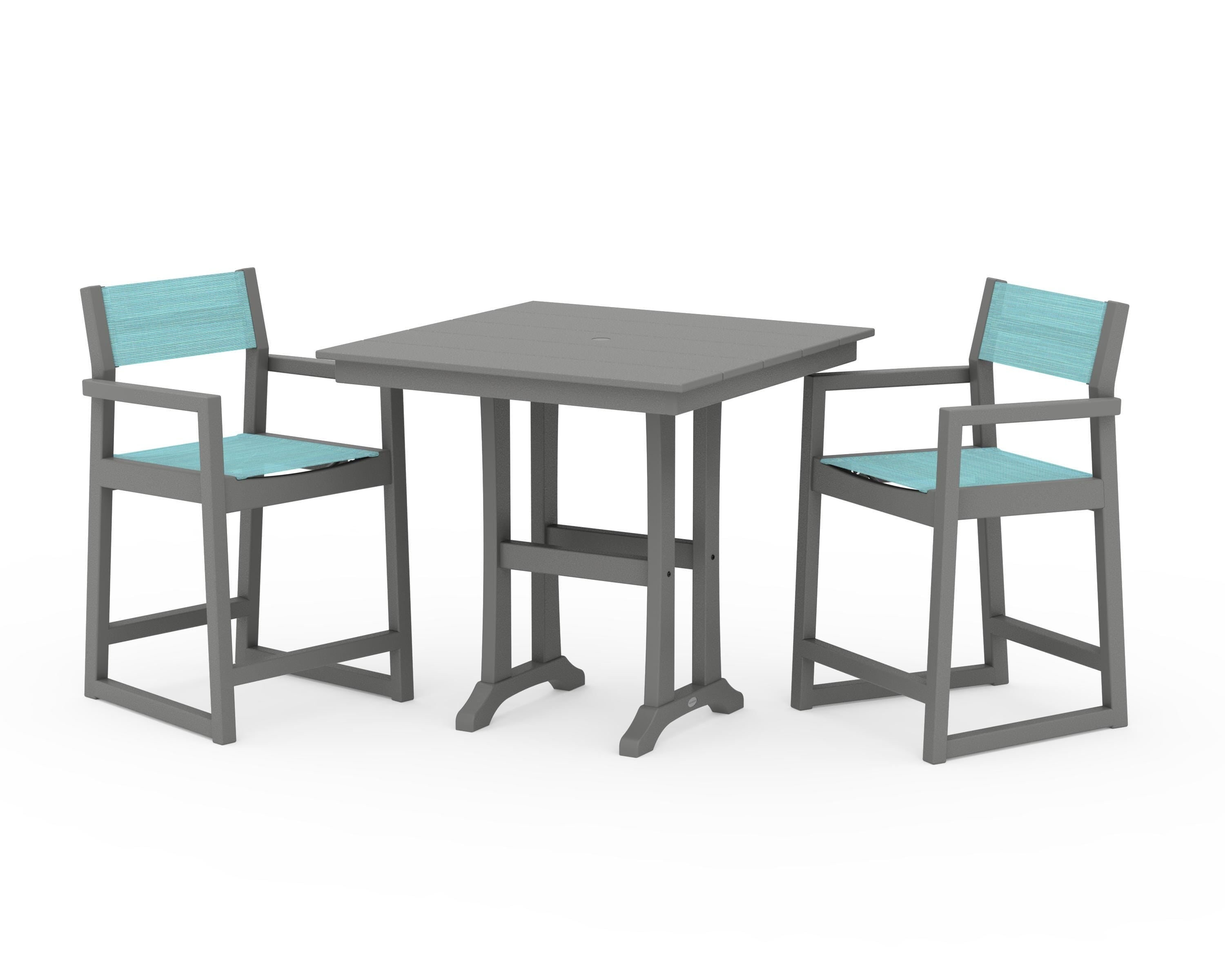 POLYWOOD EDGE Sling Arm Chair 3-Piece Farmhouse Counter Set with Trestle Legs in Slate Grey / Dupioni Aquamarine Sling