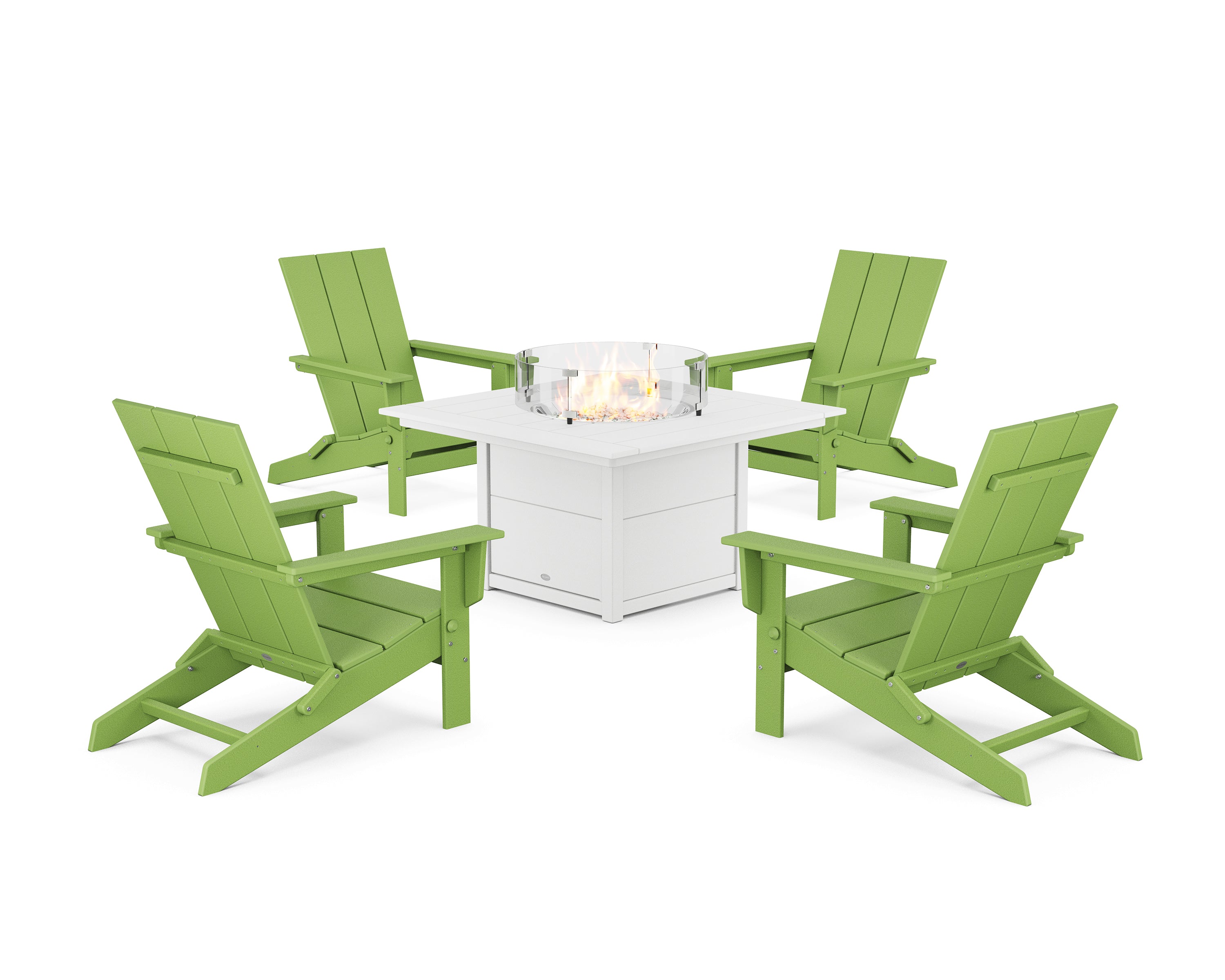 POLYWOOD® 5-Piece Modern Studio Folding Adirondack Conversation Set with Fire Pit Table in Lime / White