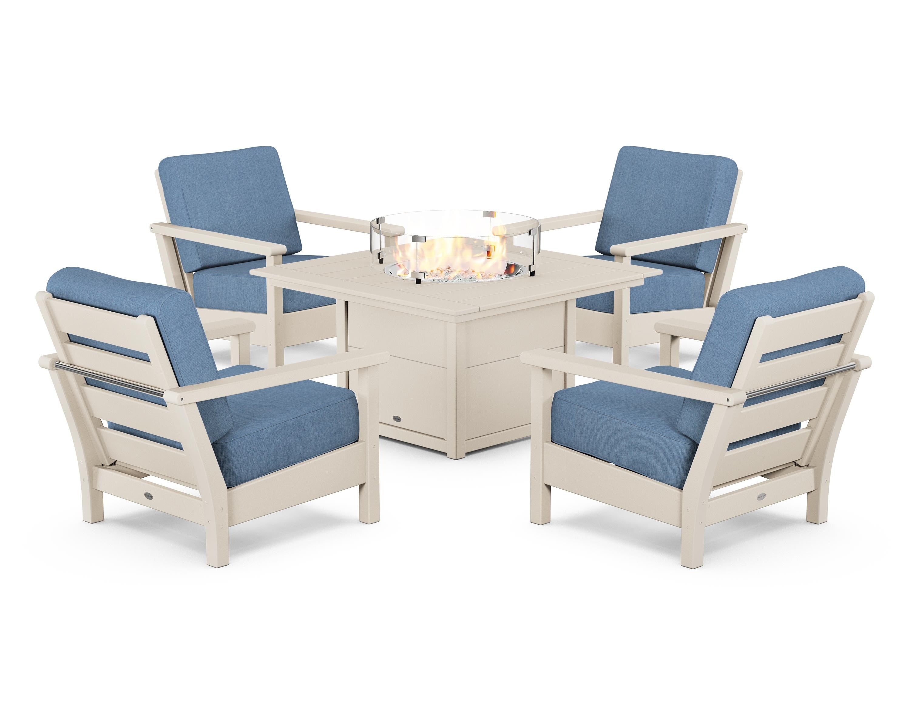 POLYWOOD Harbour 5-Piece Conversation Set with Fire Pit Table in Sand / Sky Blue