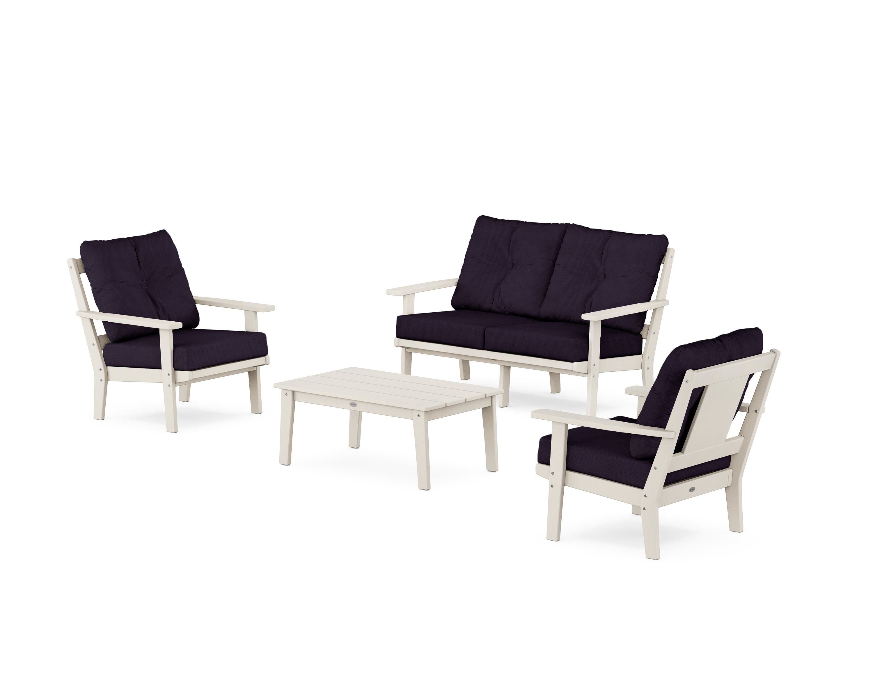 POLYWOOD Prairie 4-Piece Deep Seating Set with Loveseat in Sand / Navy Linen