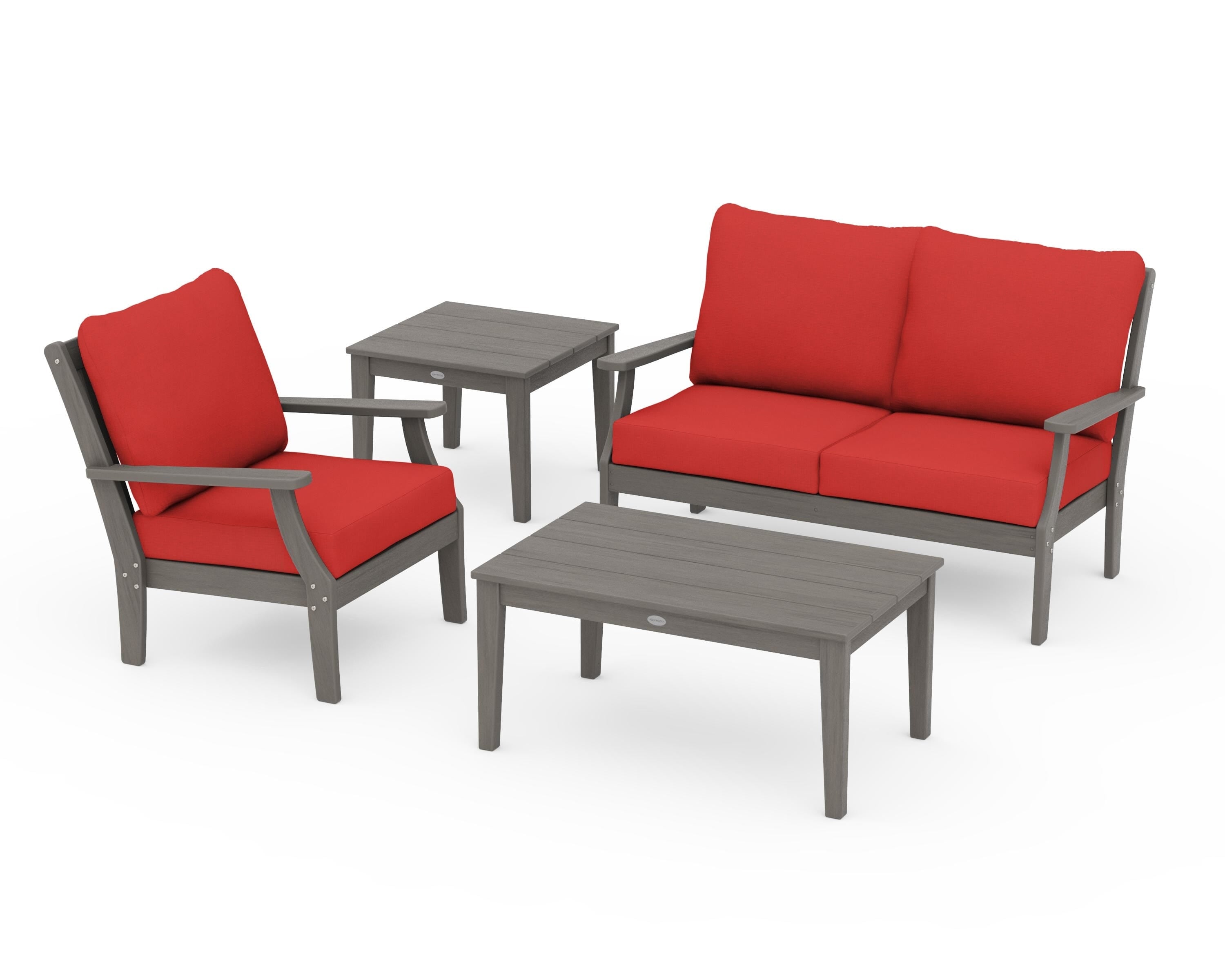 POLYWOOD Braxton 4-Piece Deep Seating Set in Driftwood / Crimson Linen