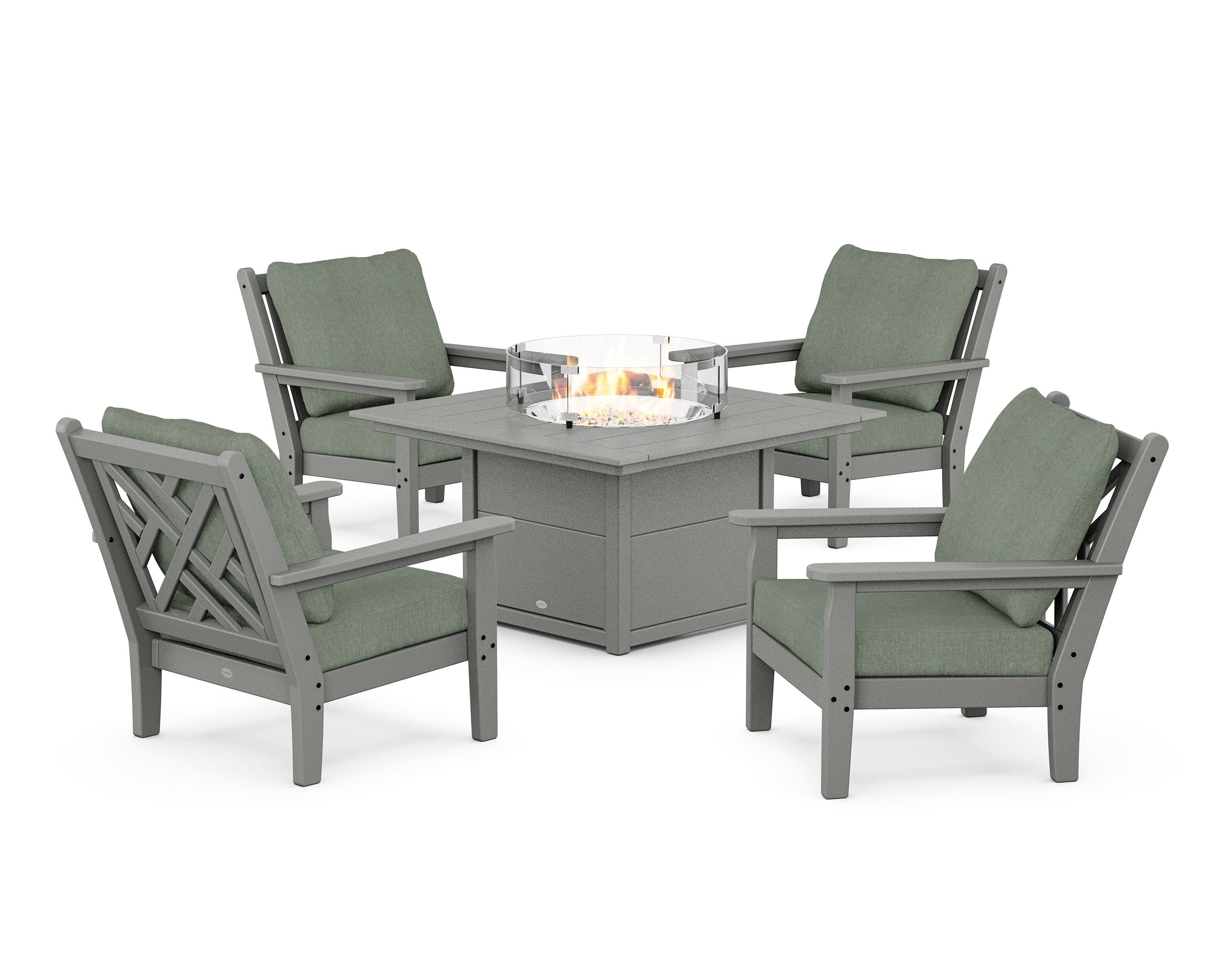 POLYWOOD Chippendale 5-Piece Deep Seating Set with Fire Pit Table in Slate Grey / Cast Sage