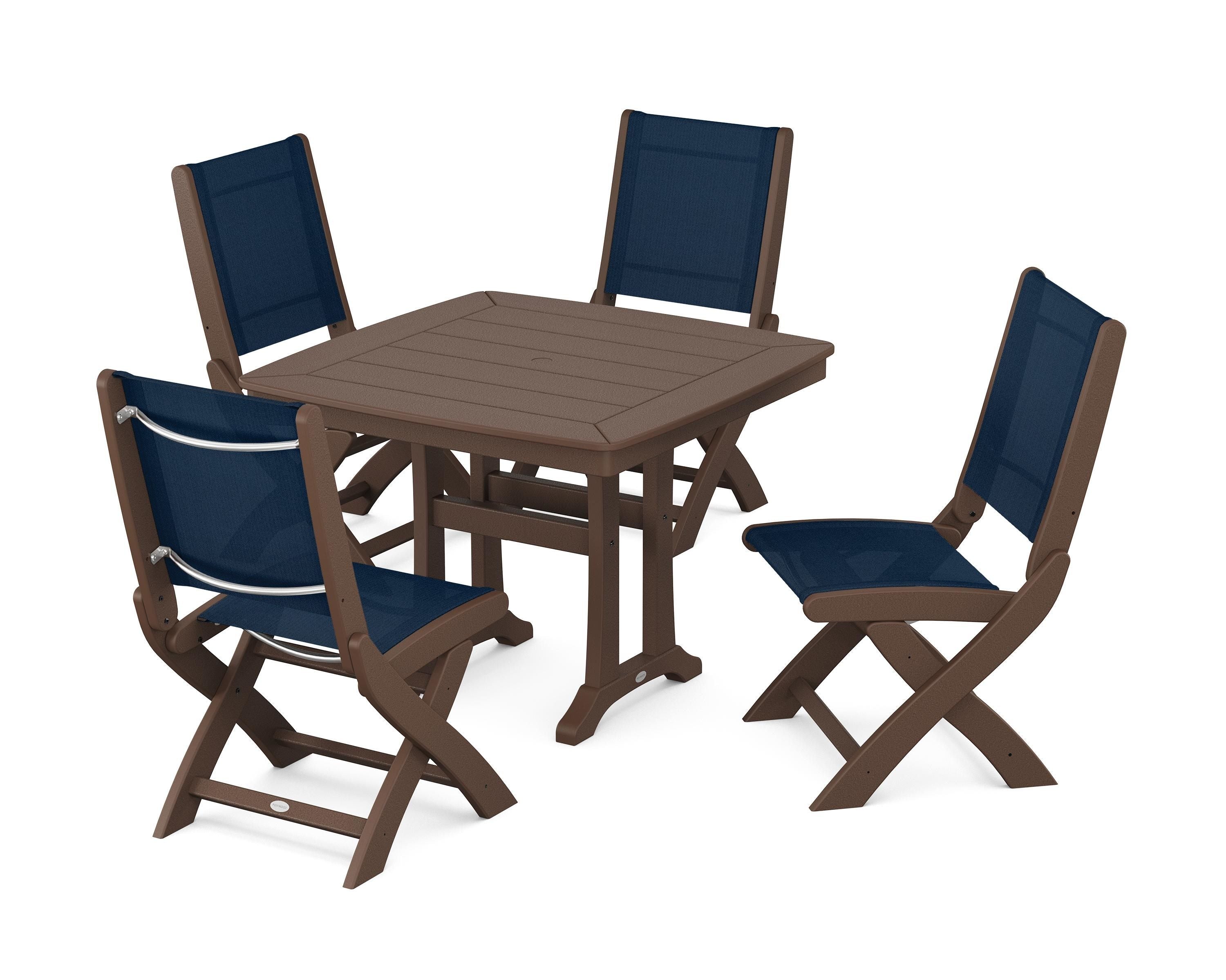 POLYWOOD Coastal Folding Side Chair 5-Piece Dining Set with Trestle Legs in Mahogany / Navy Blue Sling