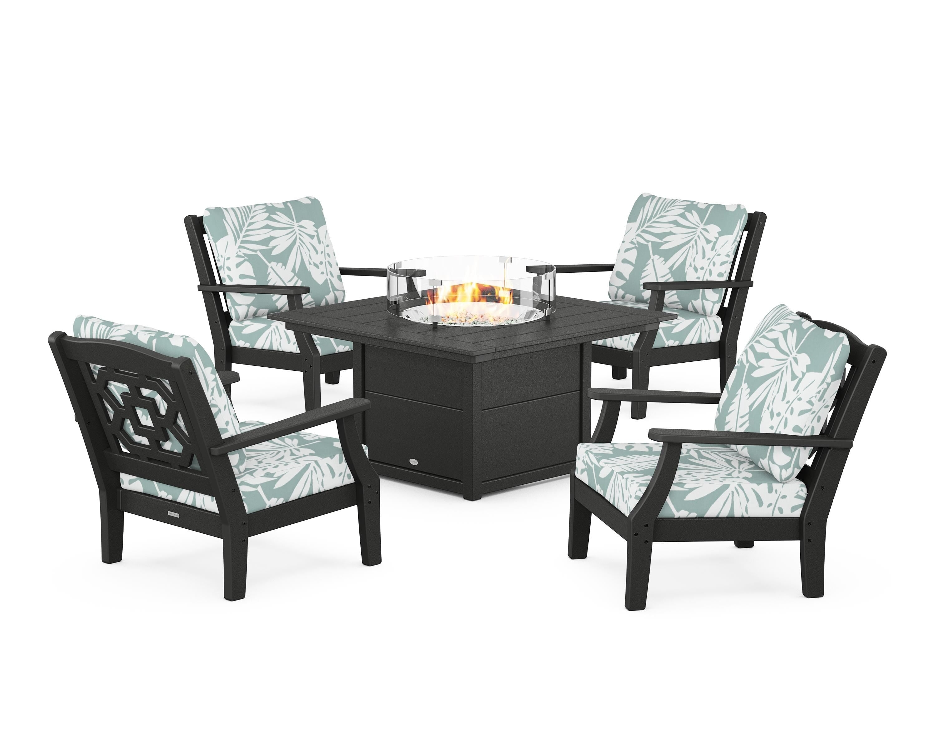 Martha Stewart by POLYWOOD Chinoiserie 5-Piece Deep Seating Set with Fire Pit Table in Black / Leaf Glacier Spa