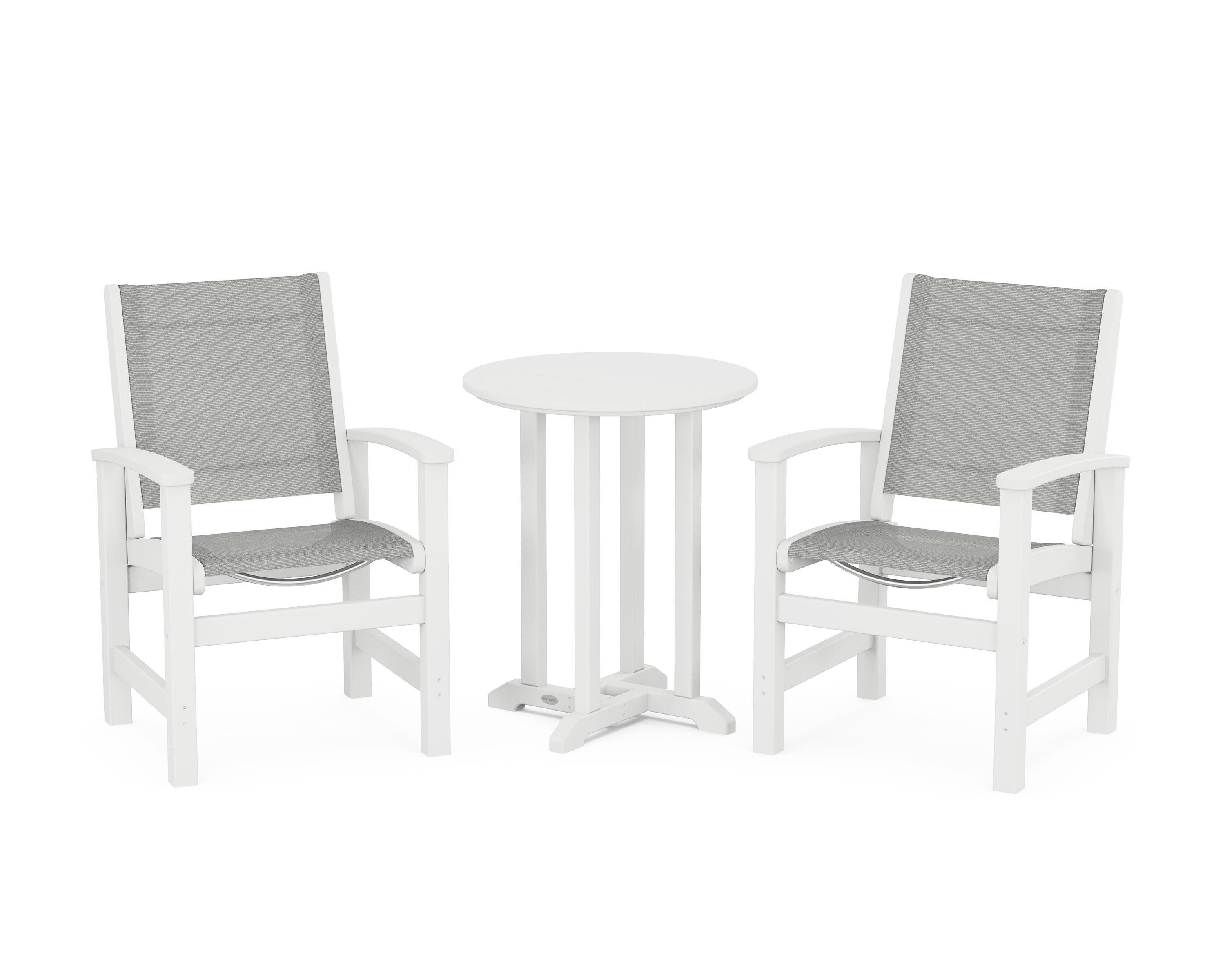 POLYWOOD Coastal 3-Piece Round Bistro Dining Set in White / Metallic Sling