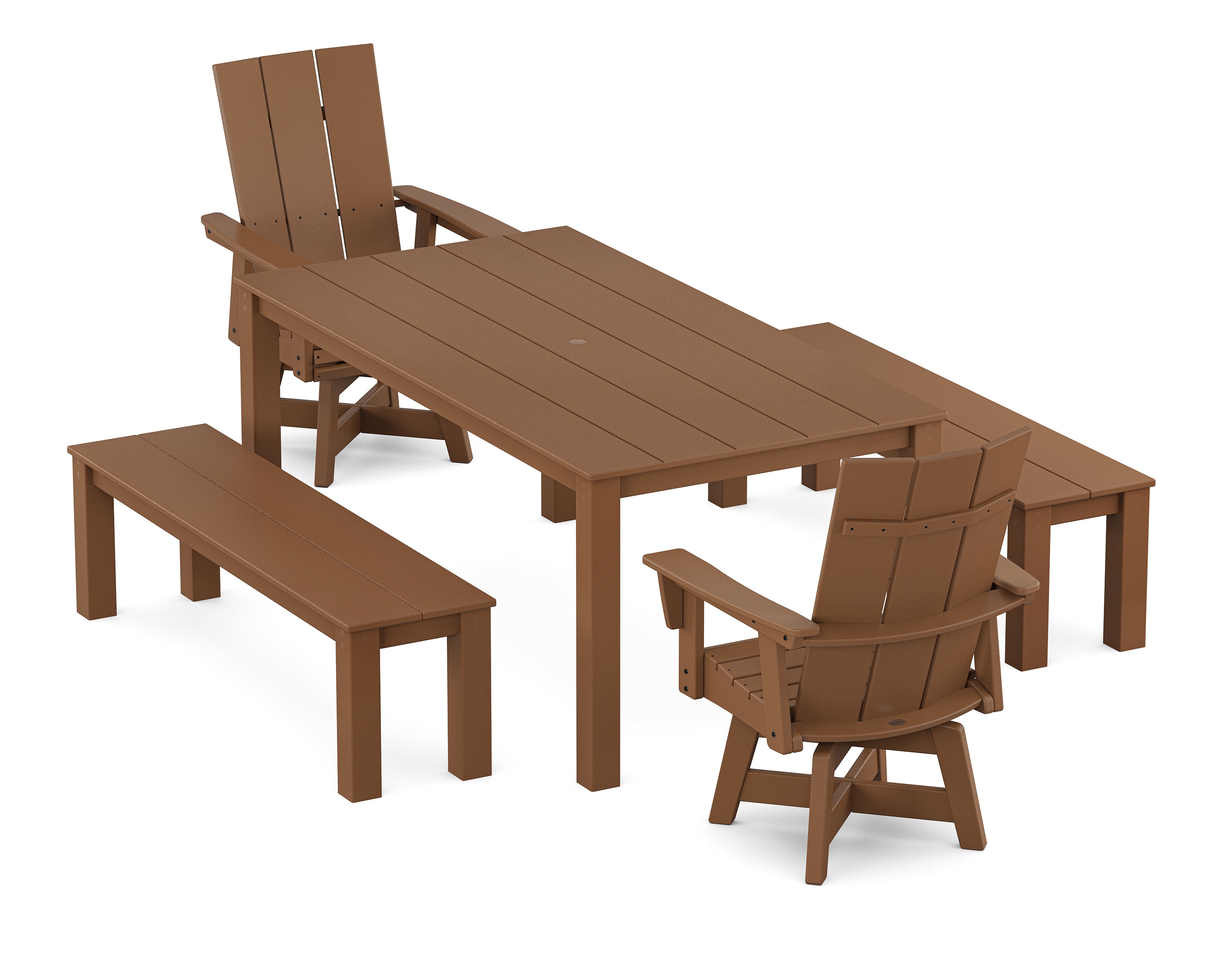 POLYWOOD Modern Curveback Adirondack 5-Piece Parsons Swivel Dining Set with Benches in Teak