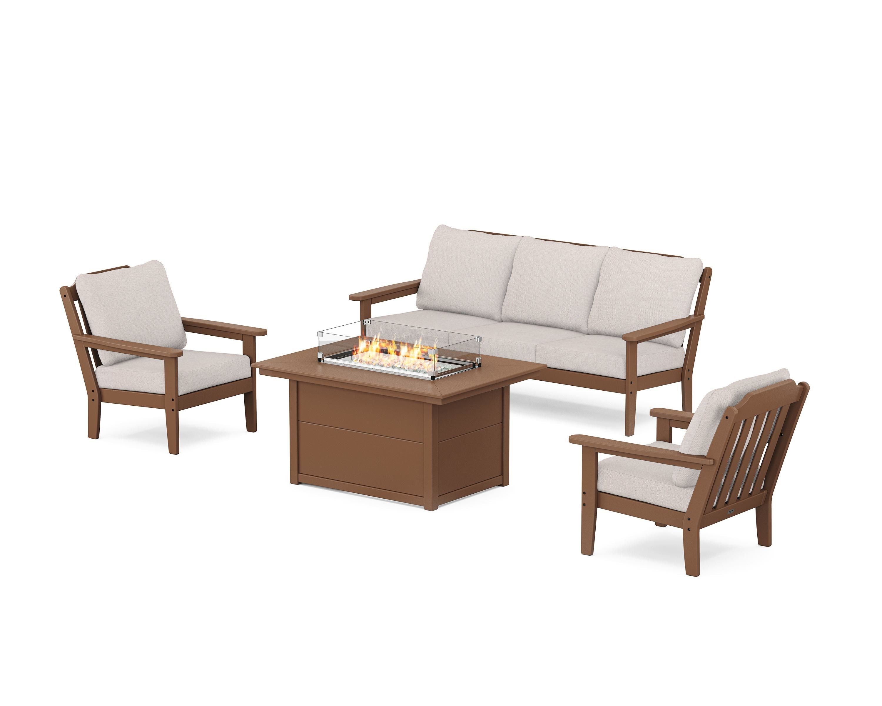 Country Living Cottage Deep Seating Fire Pit Table Set in Teak / Dune Burlap
