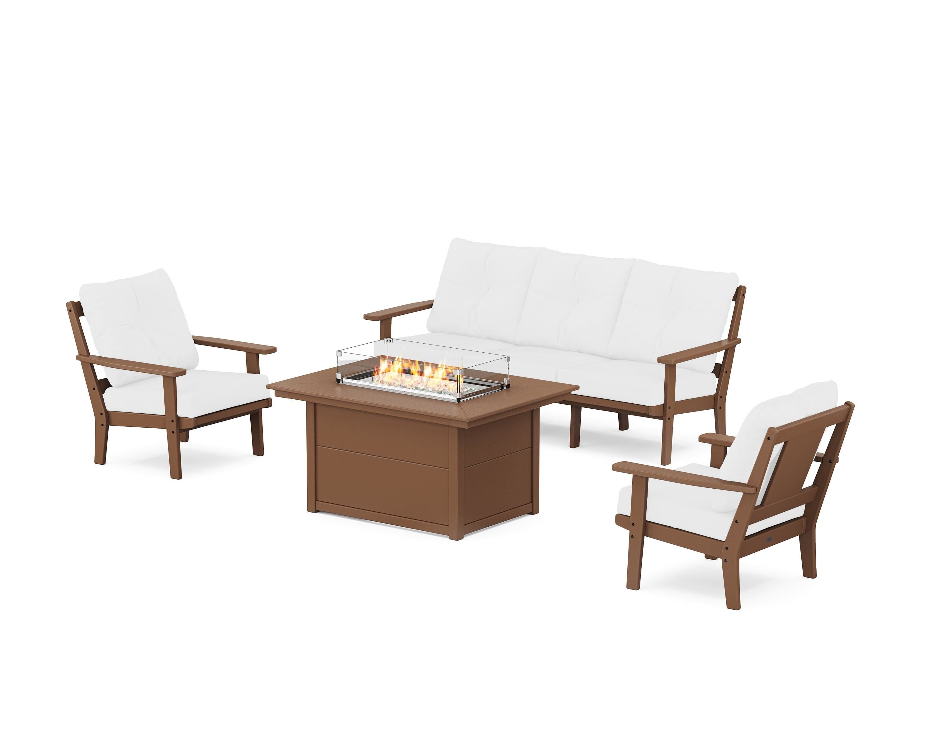 POLYWOOD Prairie Deep Seating Fire Pit Table Set in Teak / Natural