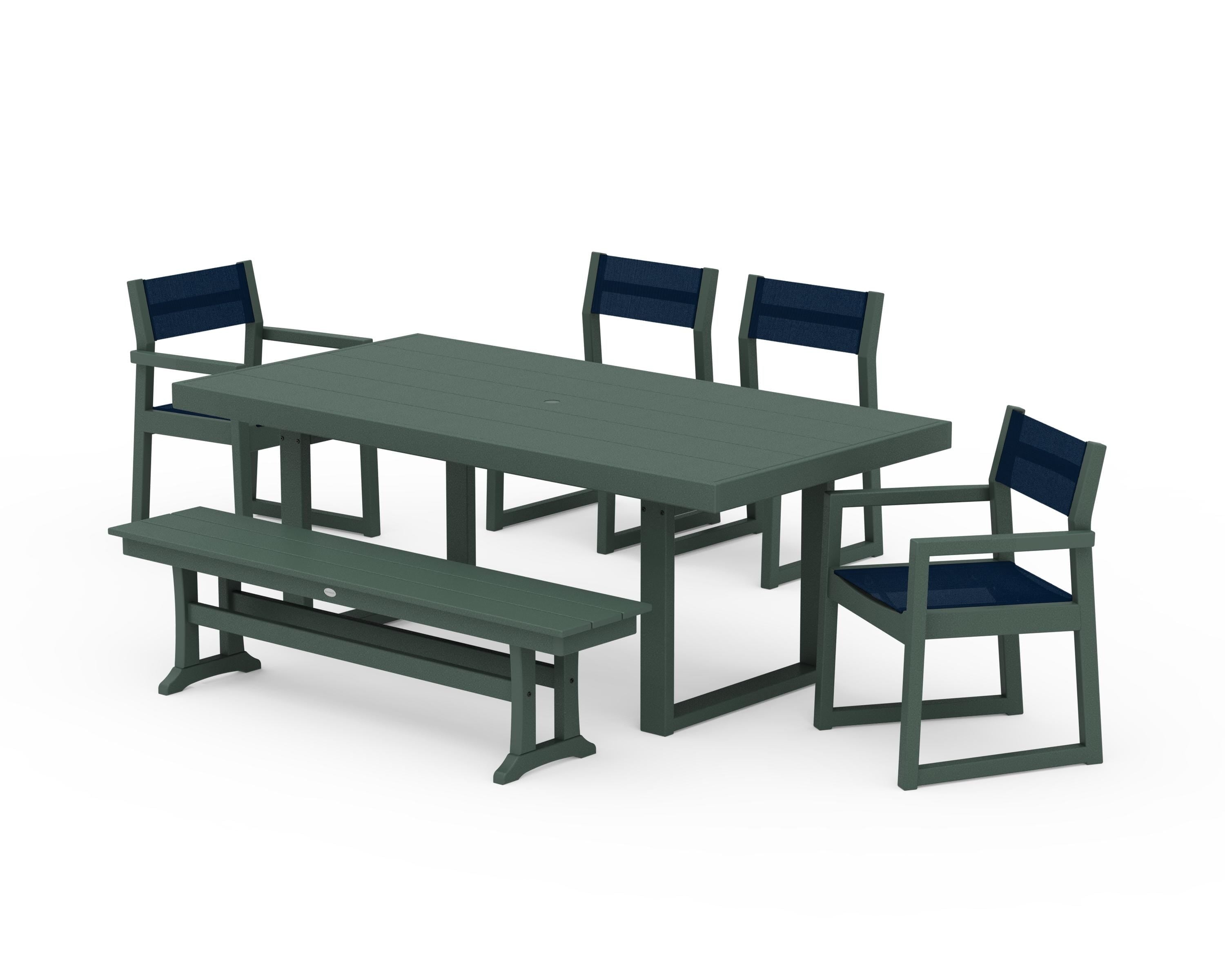 POLYWOOD EDGE Sling 6-Piece Dining Set with Bench in Green / Navy Blue Sling