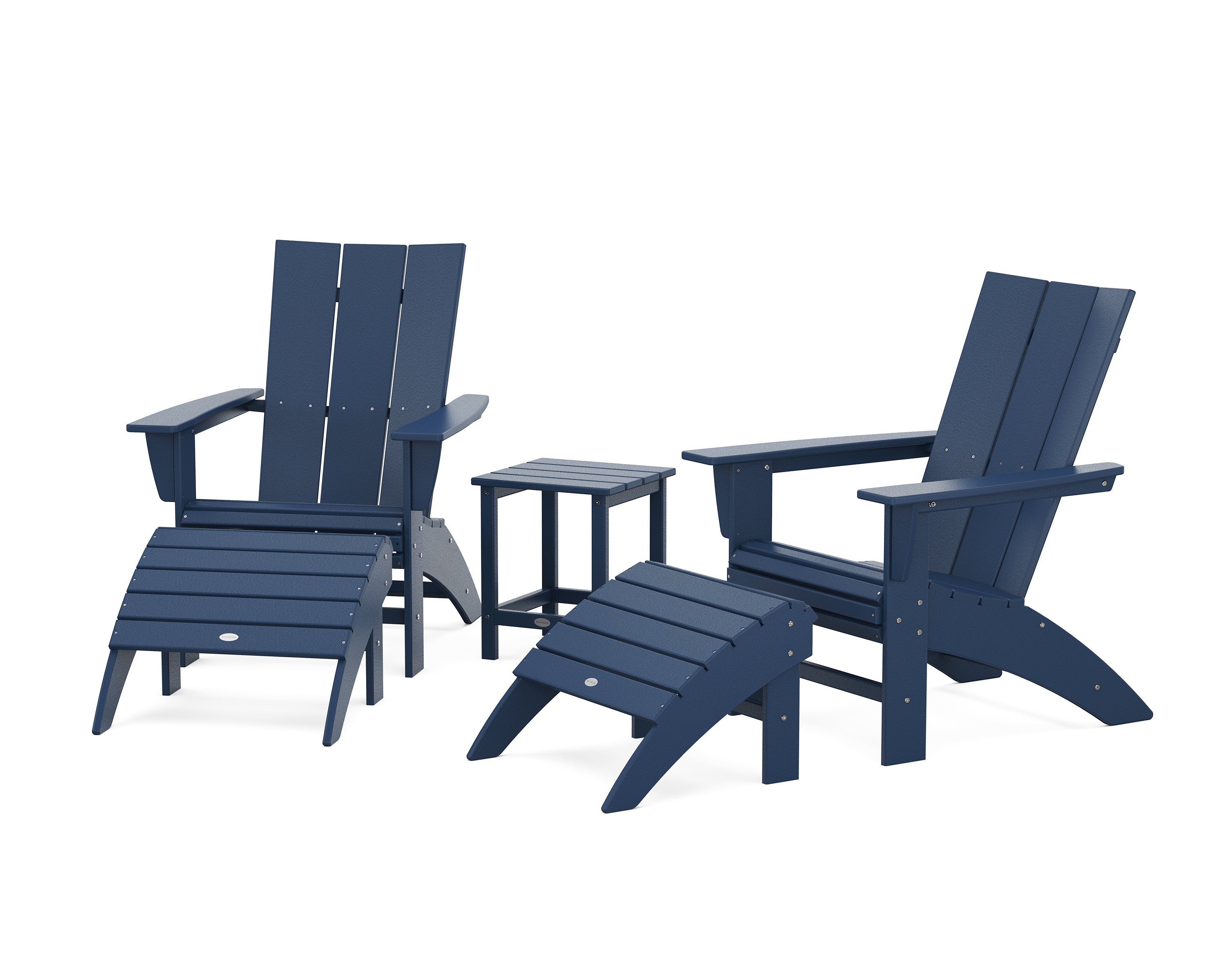 POLYWOOD® Modern Curveback Adirondack Chair 5-Piece Set with Ottomans and 18" Side Table in Navy