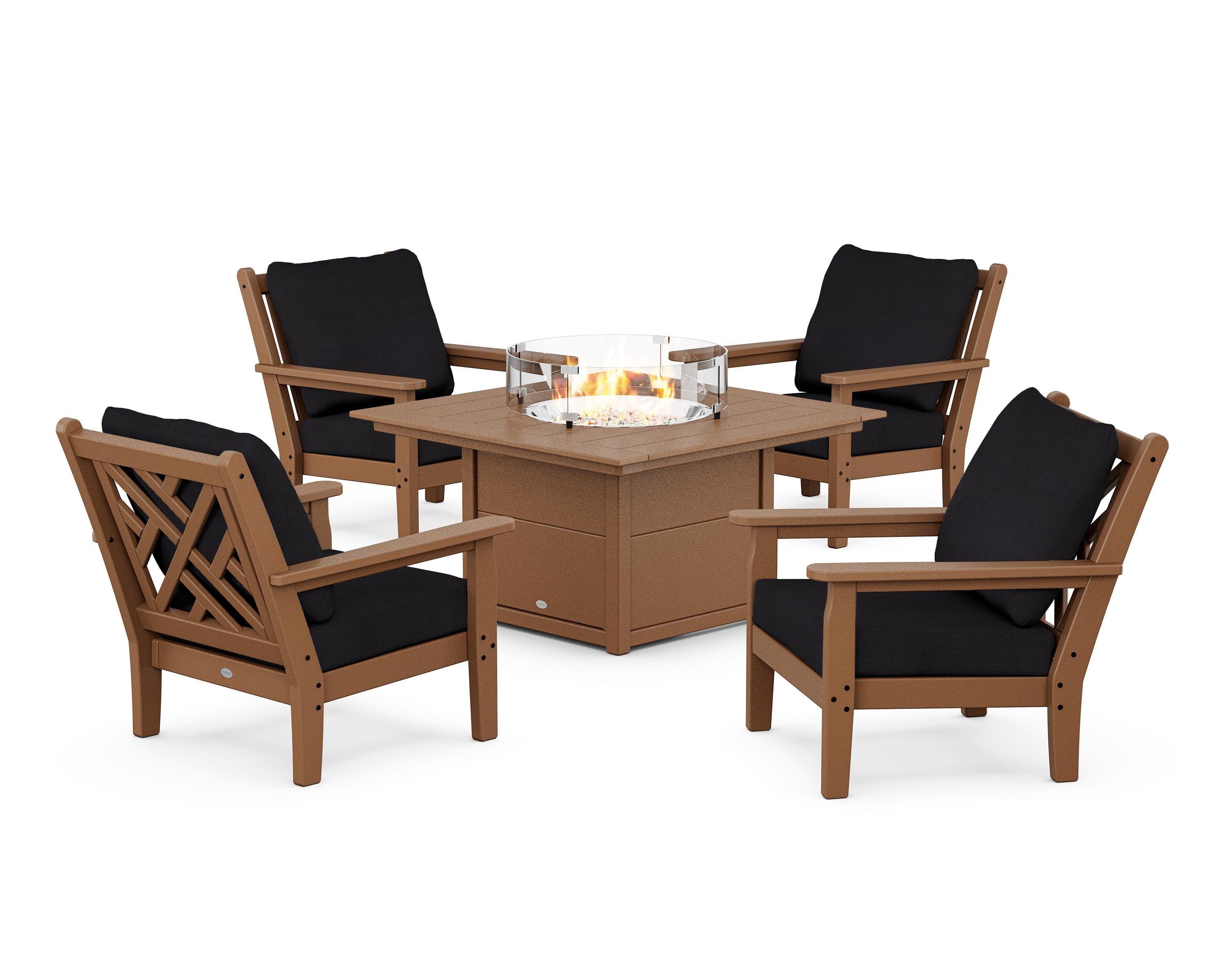 POLYWOOD Chippendale 5-Piece Deep Seating Set with Fire Pit Table in Teak / Midnight Linen