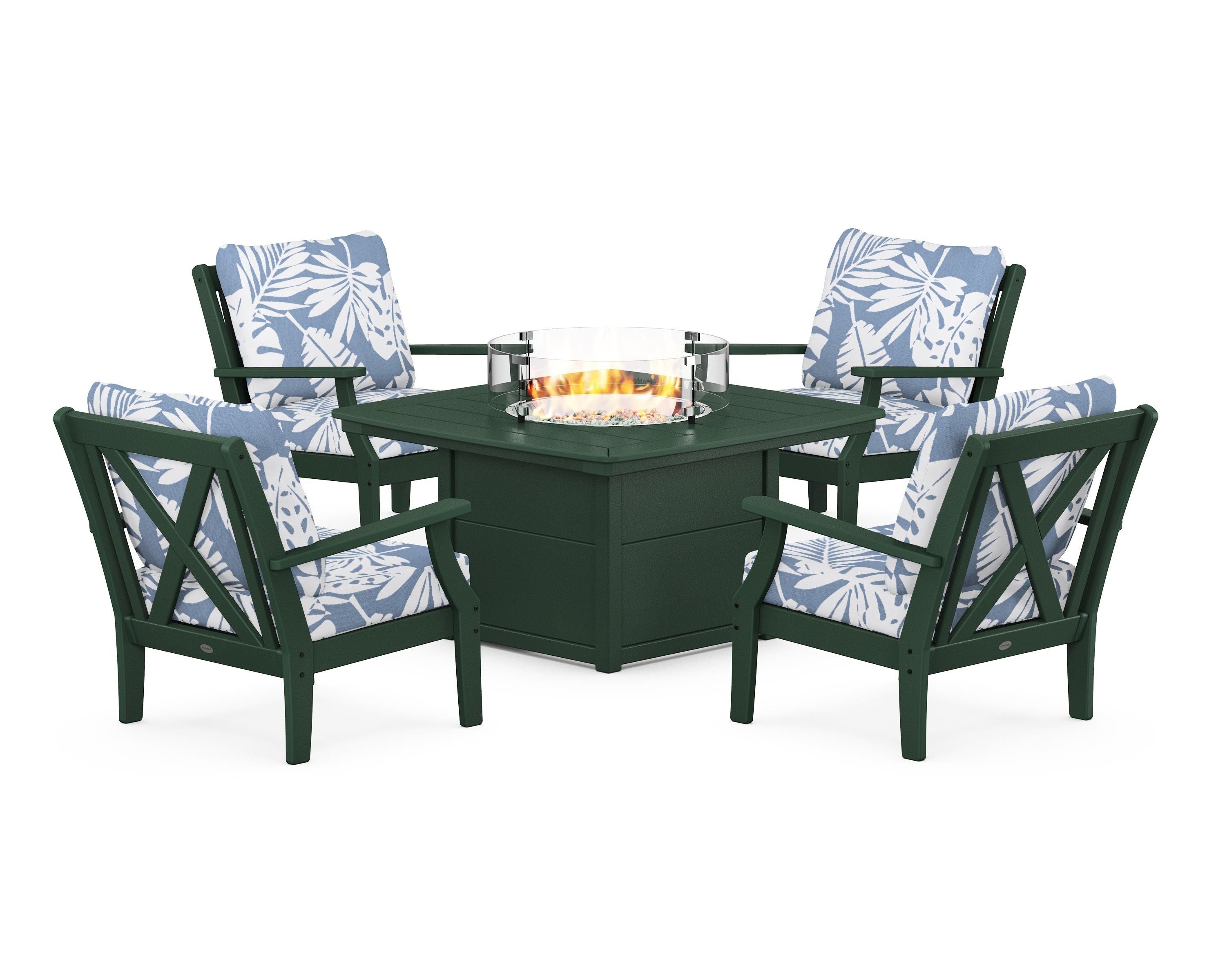 POLYWOOD Braxton 5-Piece Deep Seating Conversation Set with Fire Pit Table in Green / Leaf Sky Blue