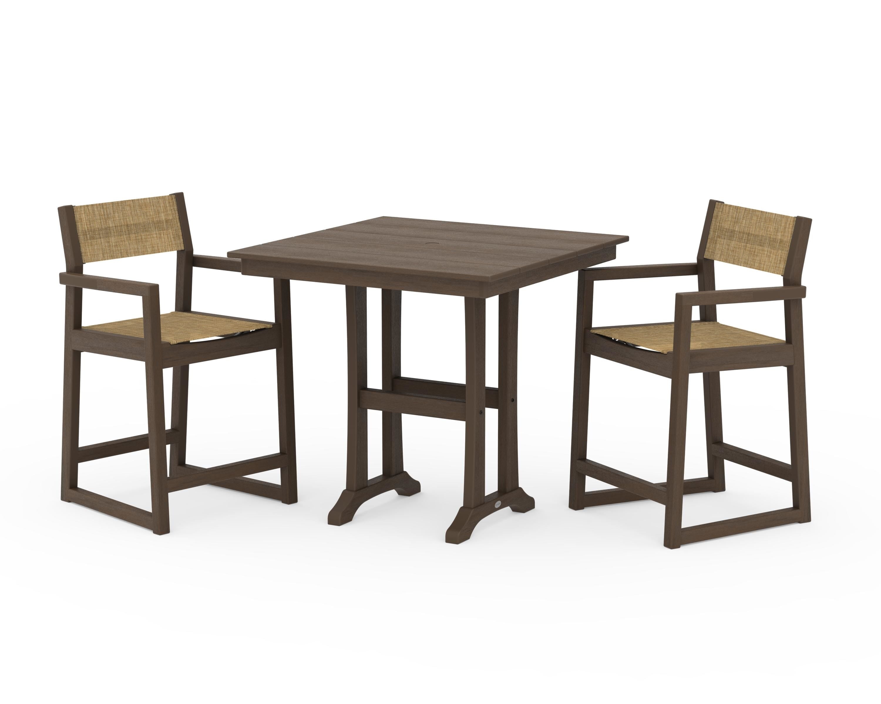 POLYWOOD EDGE Sling Arm Chair 3-Piece Farmhouse Counter Set with Trestle Legs in Kona / Burlap Sling
