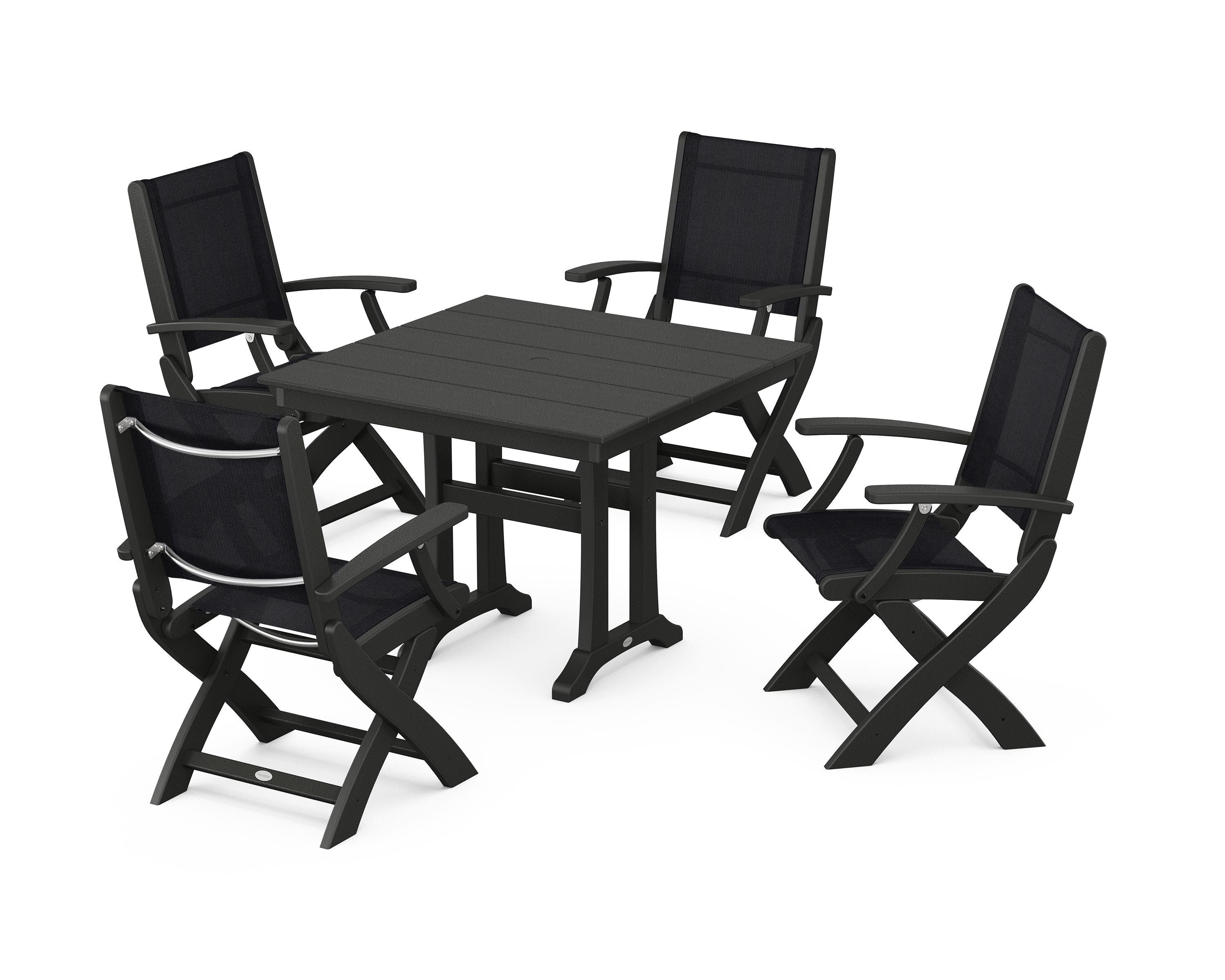 POLYWOOD Coastal Folding Chair 5-Piece Farmhouse Dining Set With Trestle Legs in Black / Black Sling