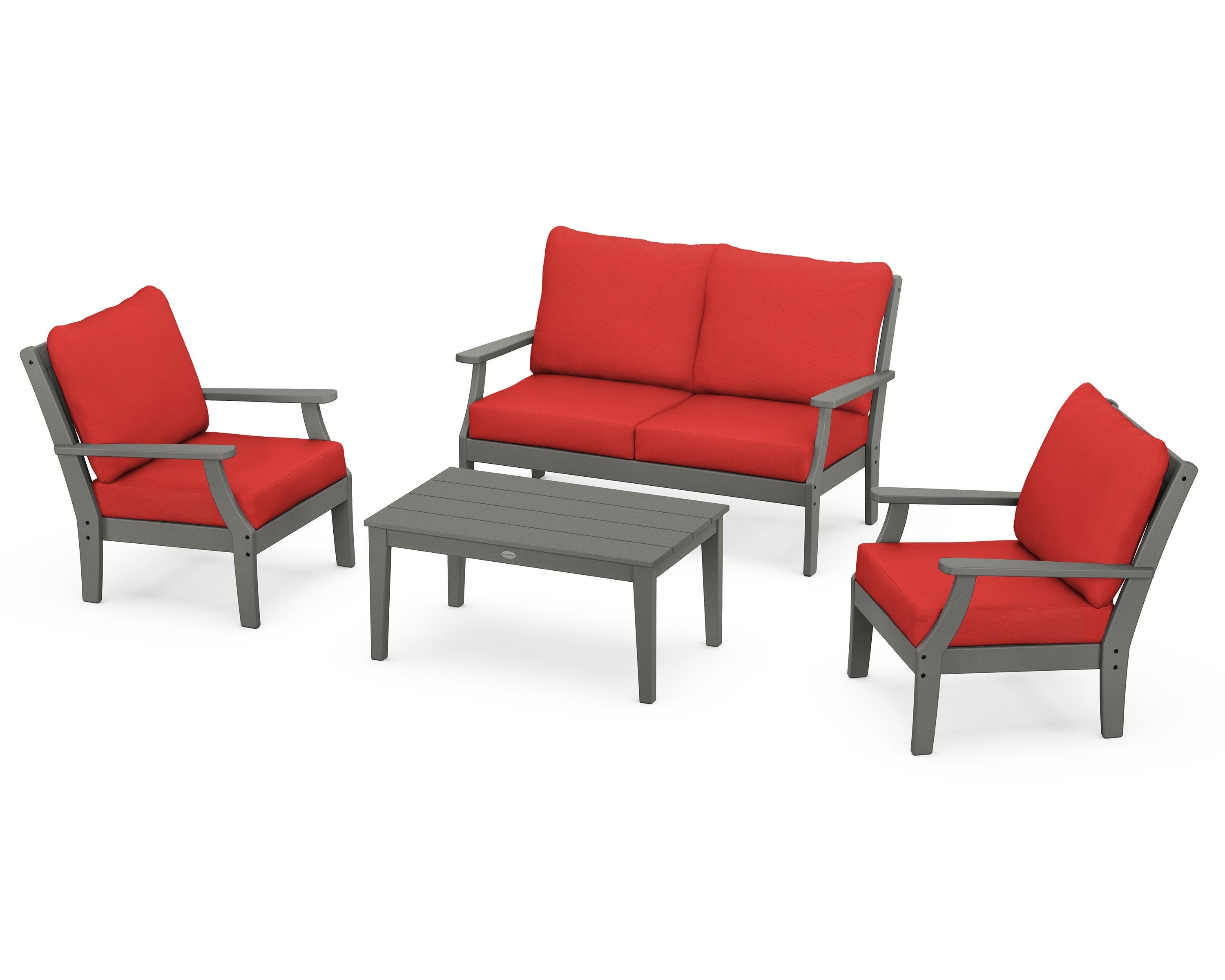 POLYWOOD Braxton 4-Piece Deep Seating Chair Set in Slate Grey / Crimson Linen