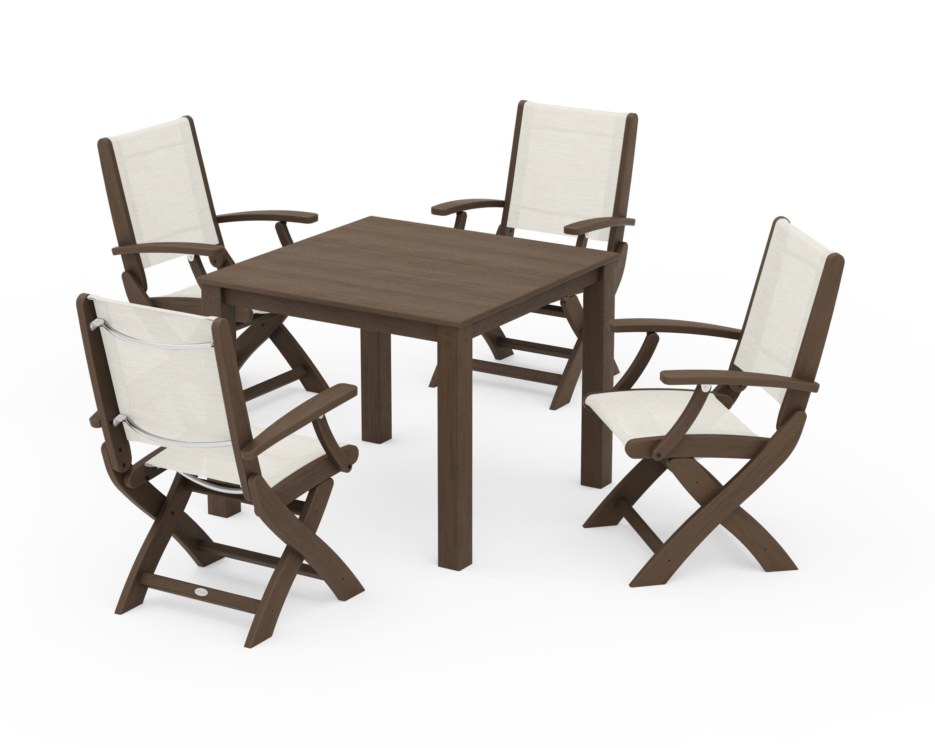 POLYWOOD Coastal Folding Chair 5-Piece Parsons Dining Set in Kona / Parchment Sling