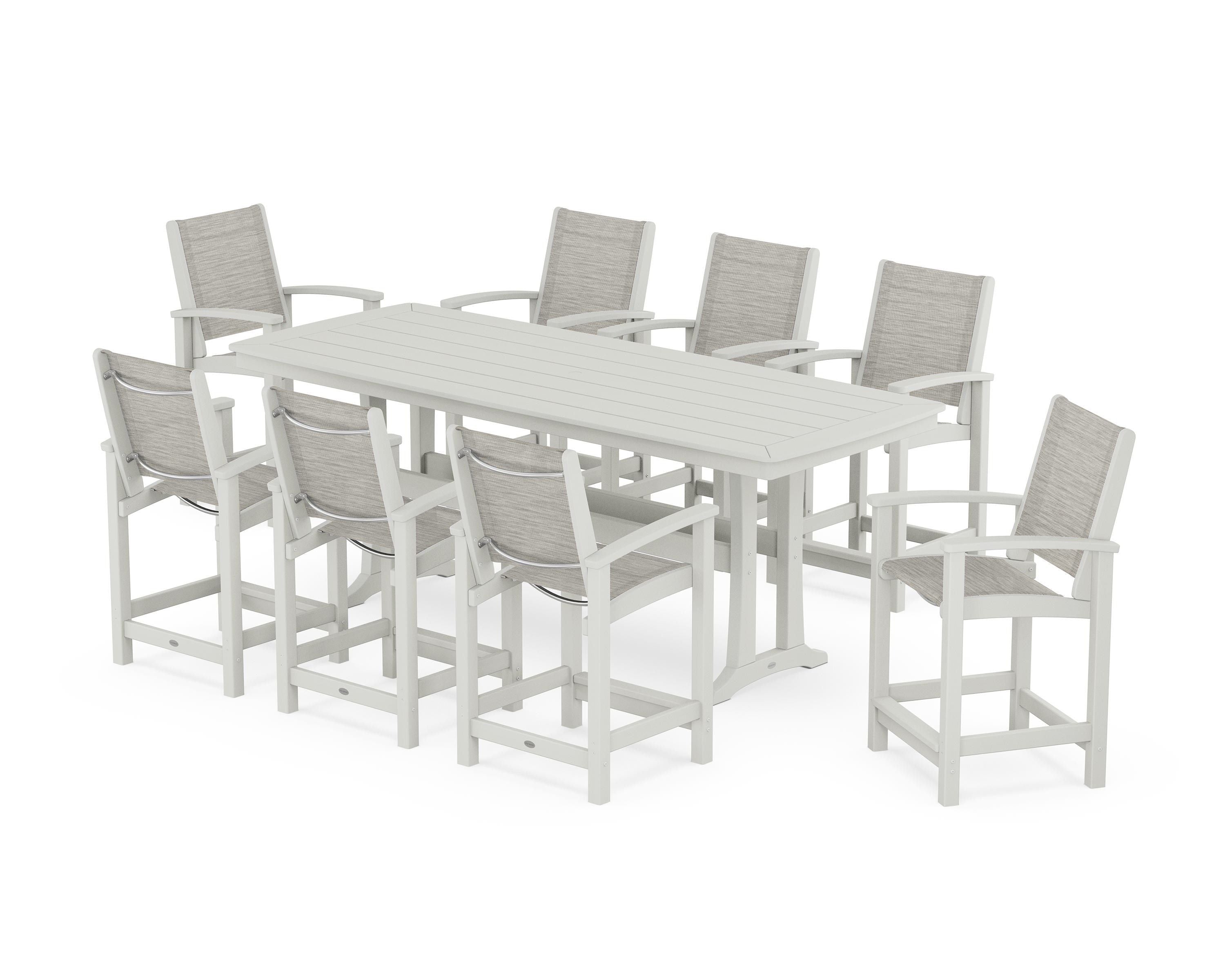 POLYWOOD Coastal 9-Piece Counter Set with Trestle Legs in Vintage White / Birch Sling