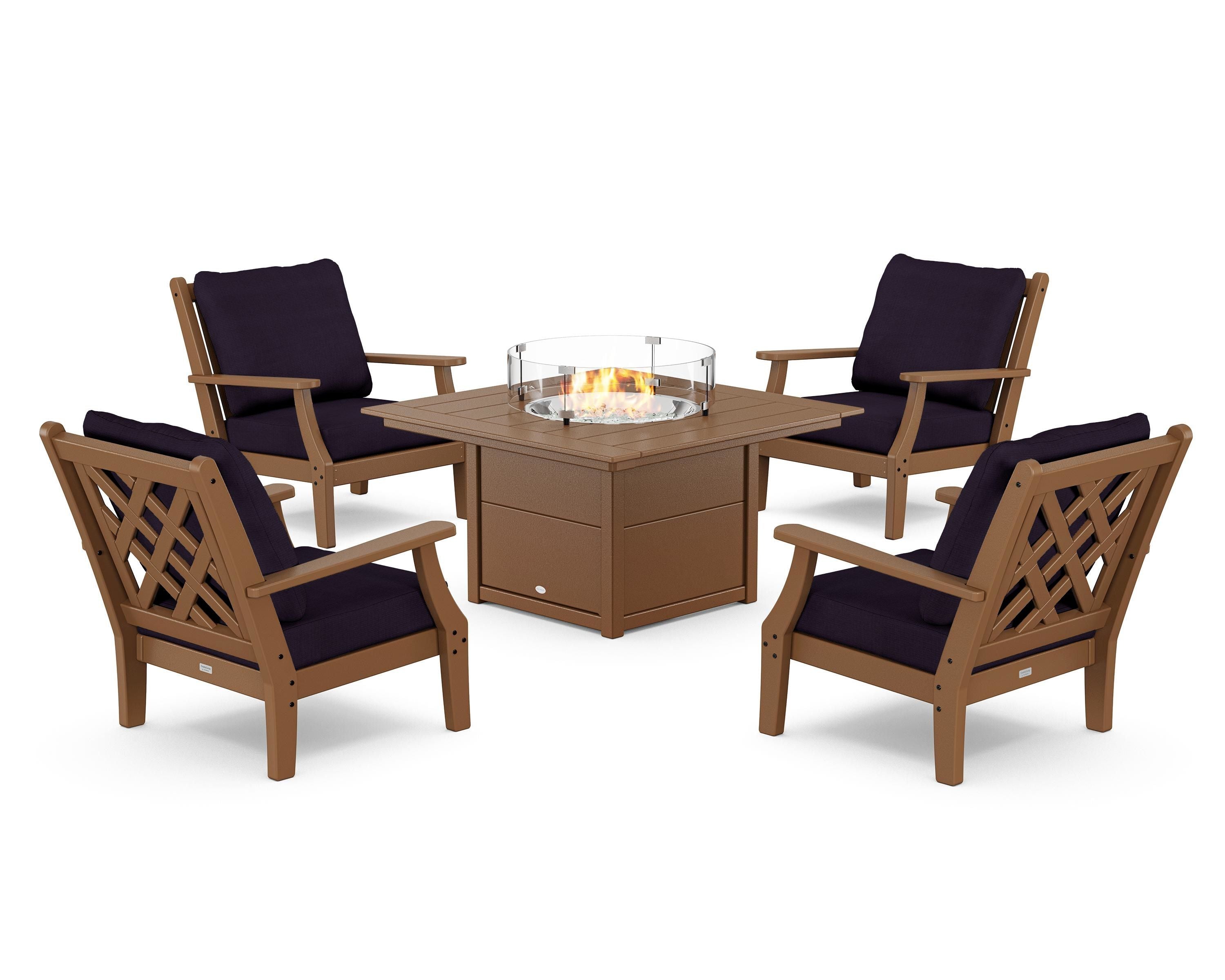 Country Living Wovendale 5-Piece Deep Seating Set with Fire Pit Table in Teak / Navy Linen