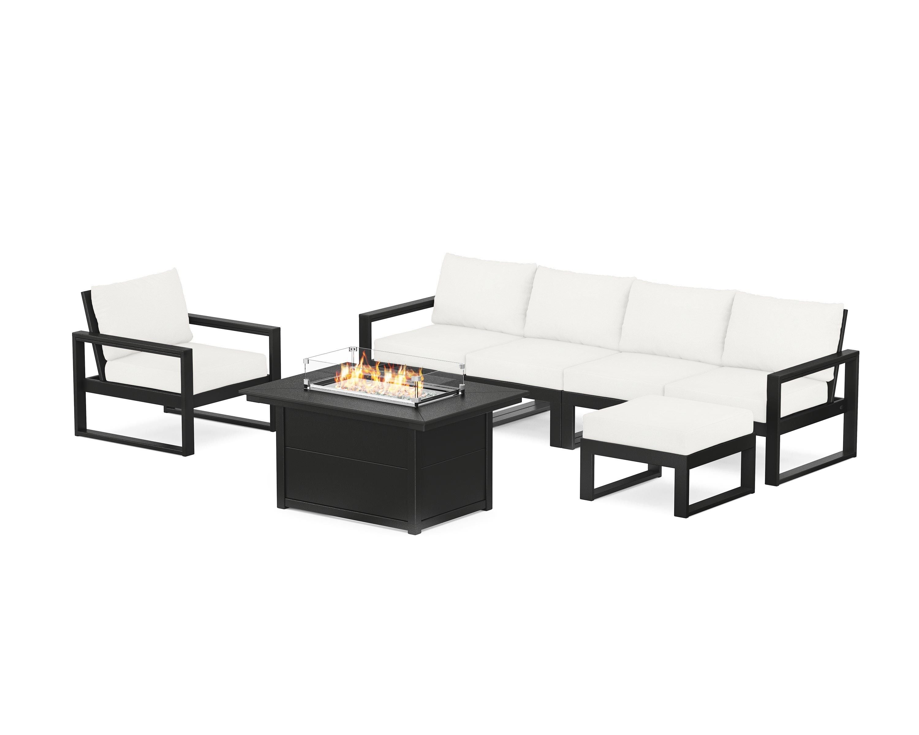 POLYWOOD EDGE Sectional Lounge and Fire Pit Set in Black / Natural Linen
