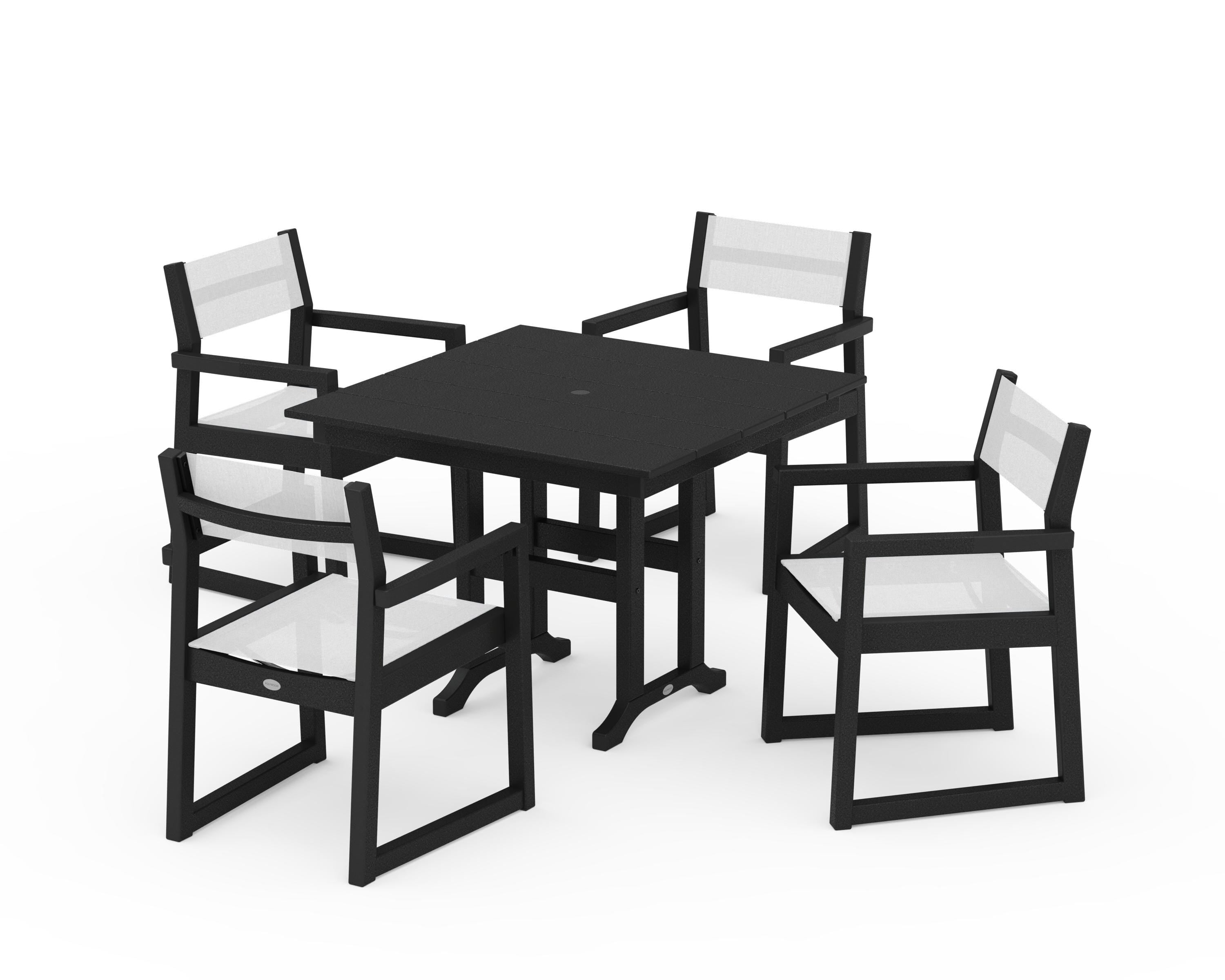 POLYWOOD EDGE Sling Arm Chair 5-Piece Farmhouse Dining Set in Black / White Sling