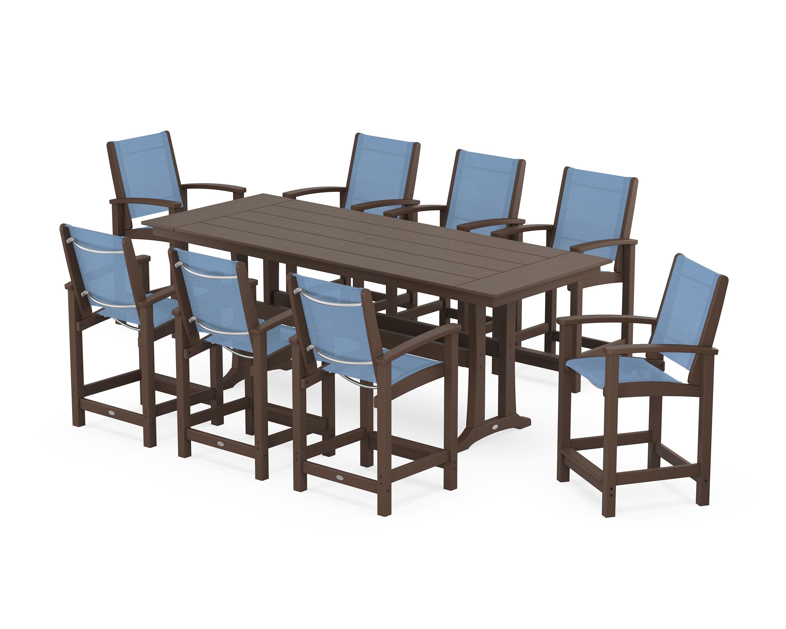 POLYWOOD Coastal 9-Piece Farmhouse Counter Set with Trestle Legs in Mahogany / Poolside Sling