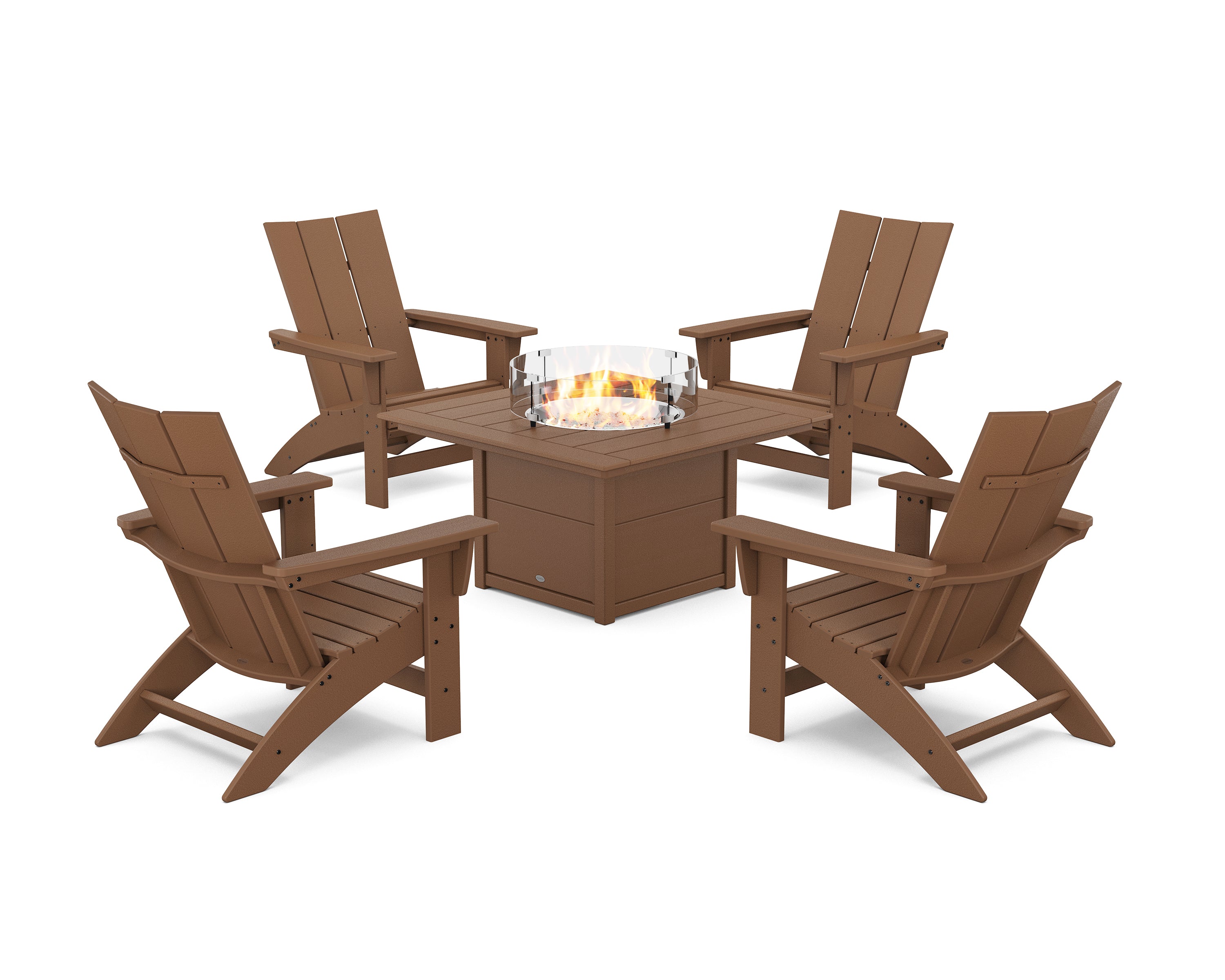 POLYWOOD 5-Piece Modern Grand Adirondack Conversation Set with Fire Pit Table in Teak