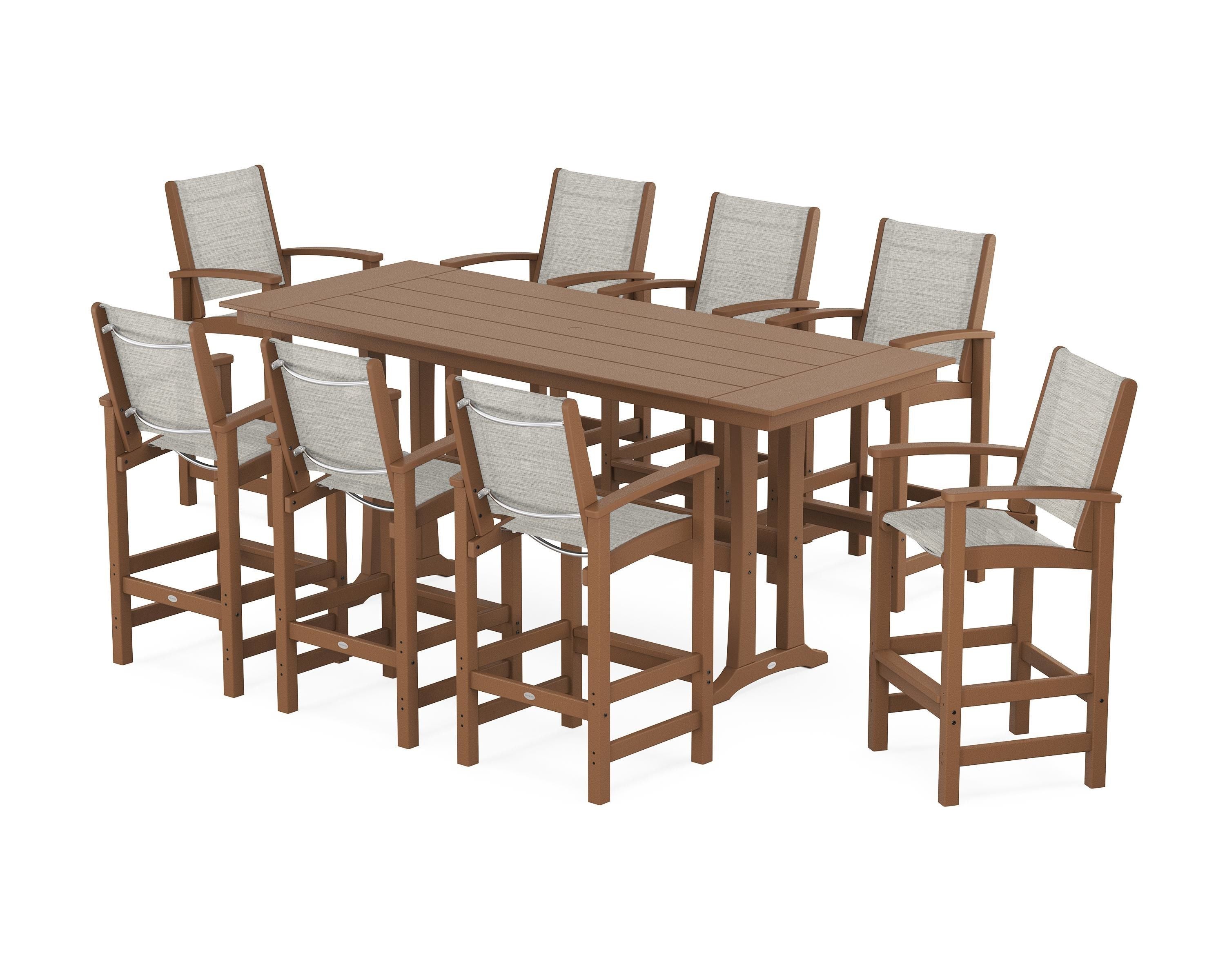 POLYWOOD Coastal 9-Piece Farmhouse Bar Set with Trestle Legs in Teak / Birch Sling