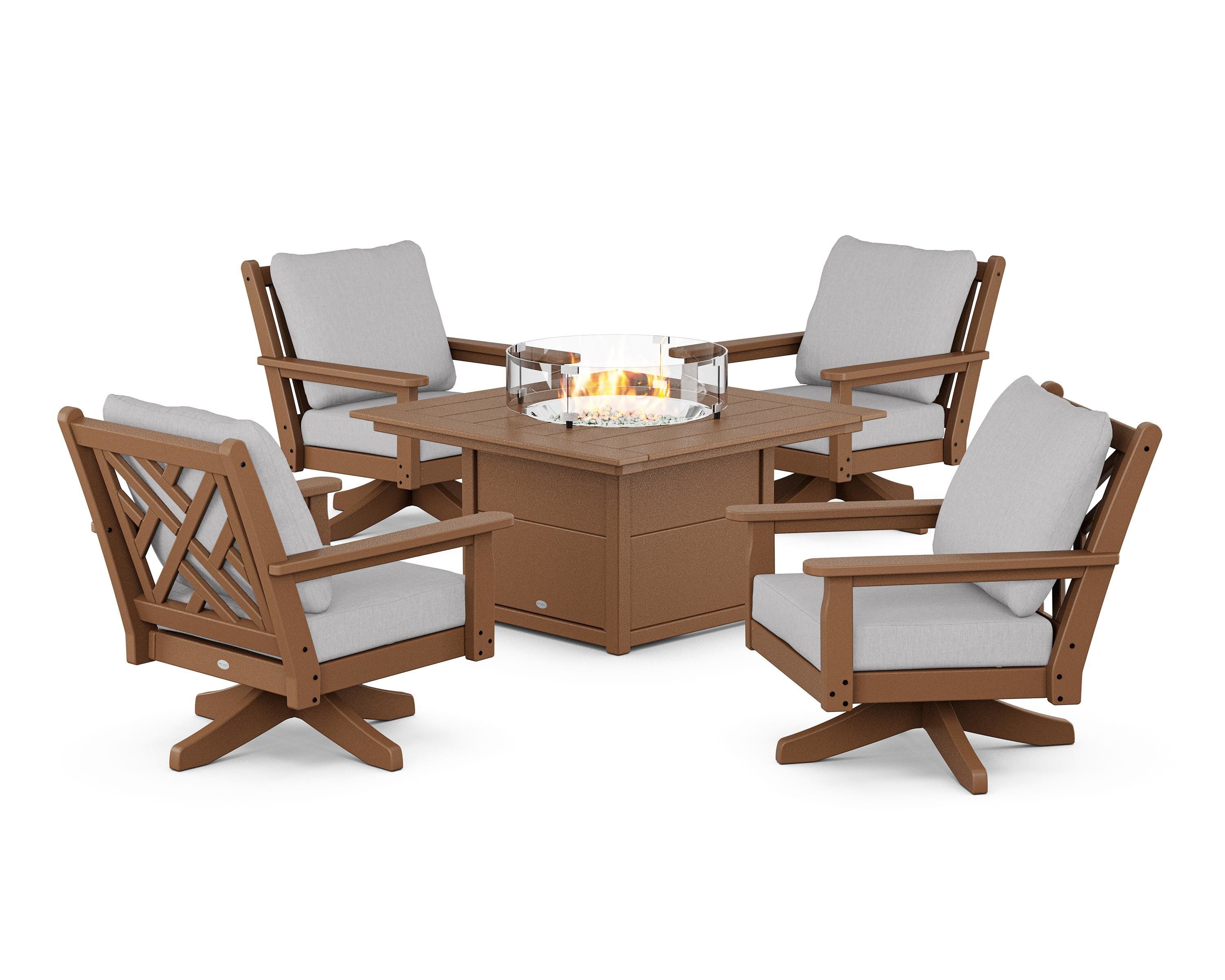 POLYWOOD Chippendale 5-Piece Deep Seating Swivel Conversation Set with Fire Pit Table in Teak / Granite