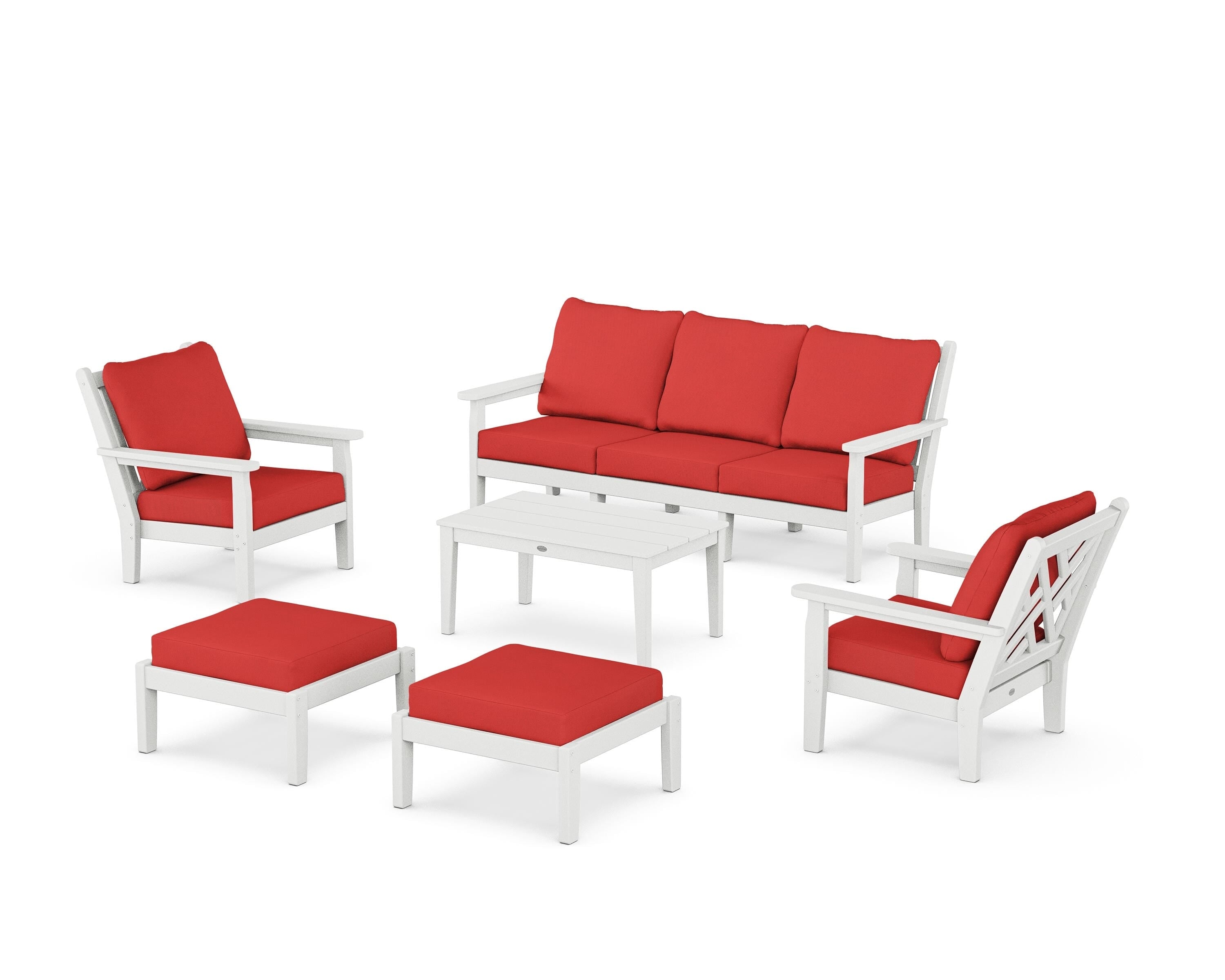 POLYWOOD Chippendale 6-Piece Lounge Sofa Set in White / Crimson Linen