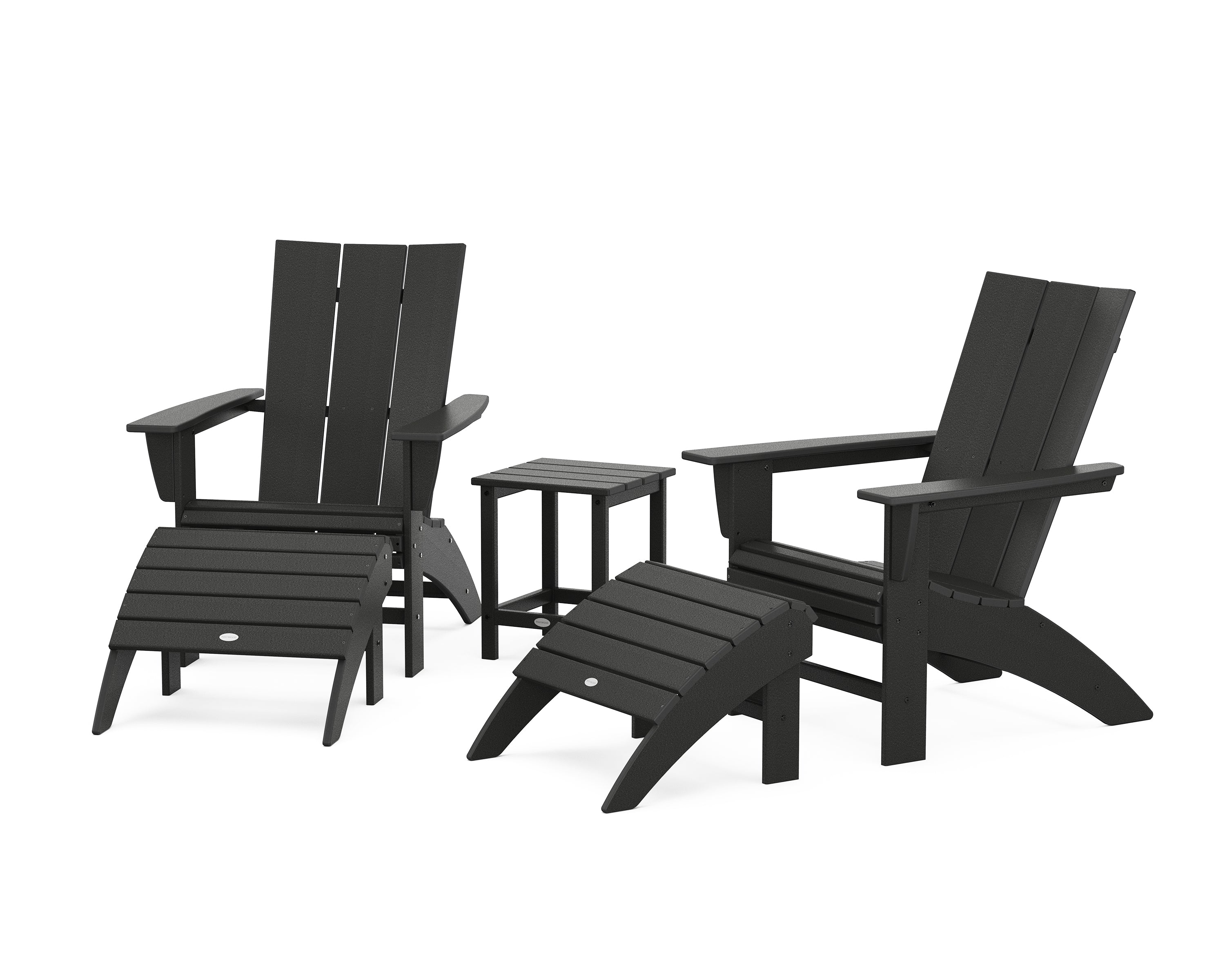 POLYWOOD® Modern Curveback Adirondack Chair 5-Piece Set with Ottomans and 18" Side Table in Black