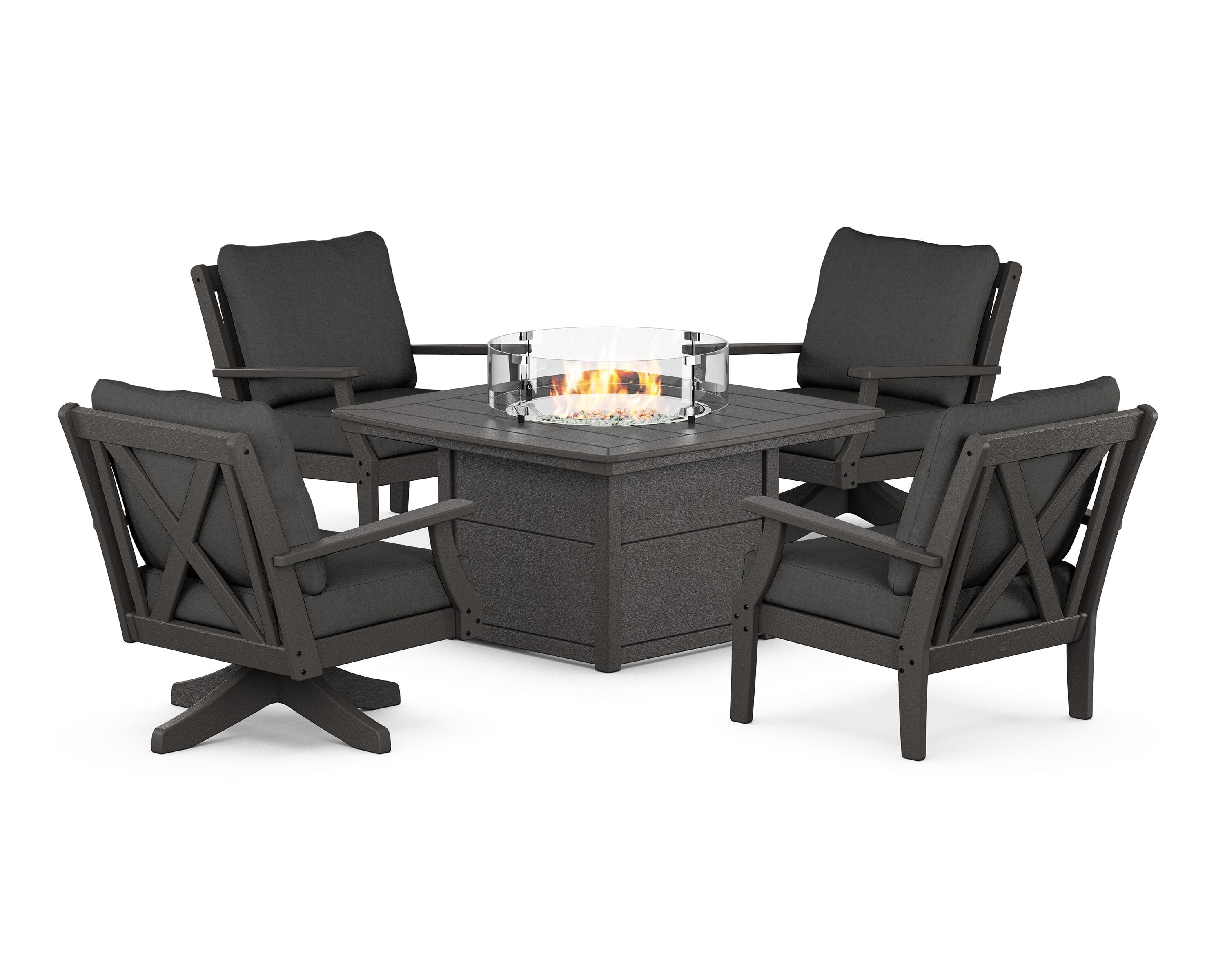 POLYWOOD Braxton 5-Piece Deep Seating Set with Fire Table in Vintage Coffee / Spectrum Carbon