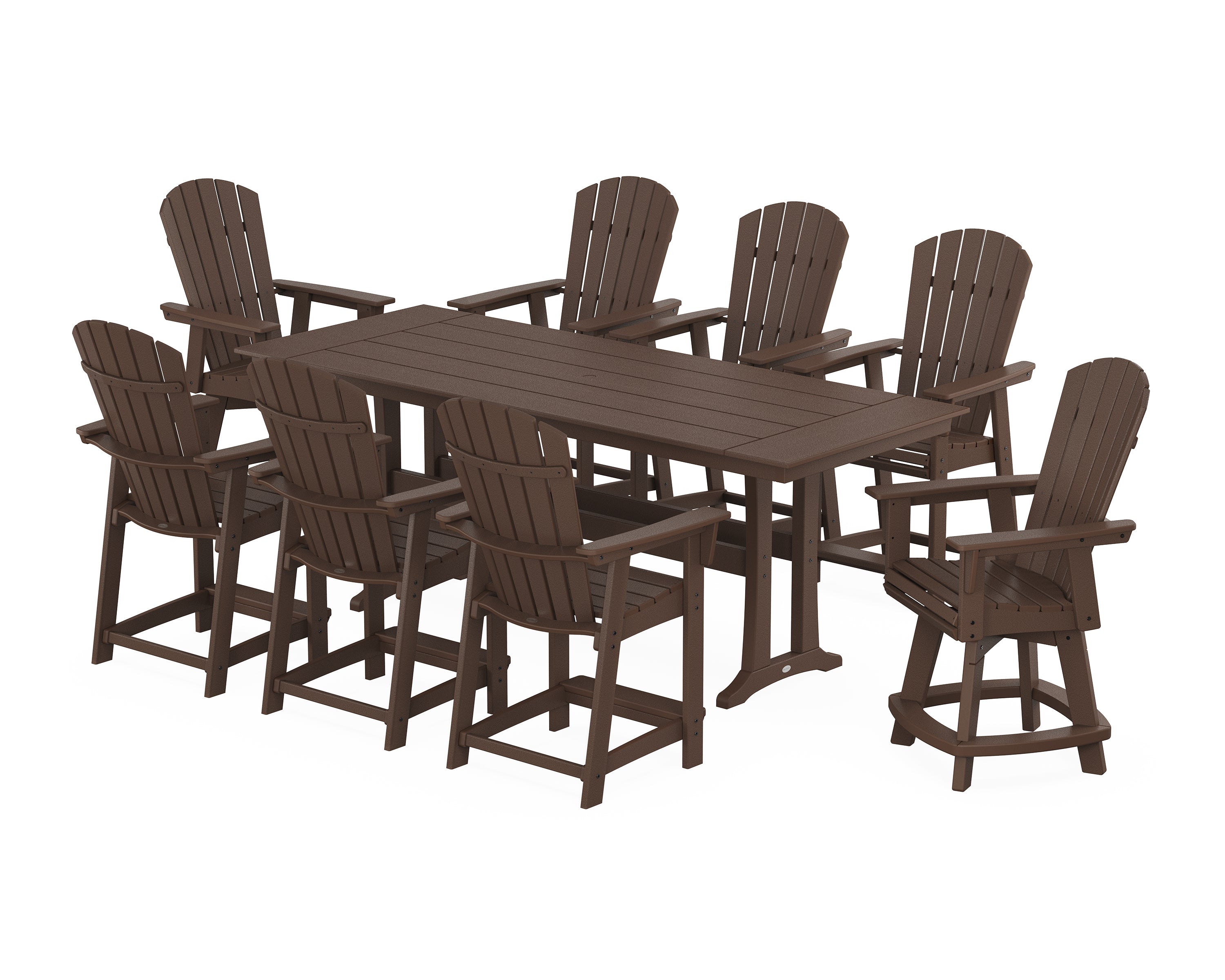 POLYWOOD® Nautical Curveback Adirondack Swivel 9-Piece Farmhouse Swivel Counter Set with Trestle Legs in Mahogany