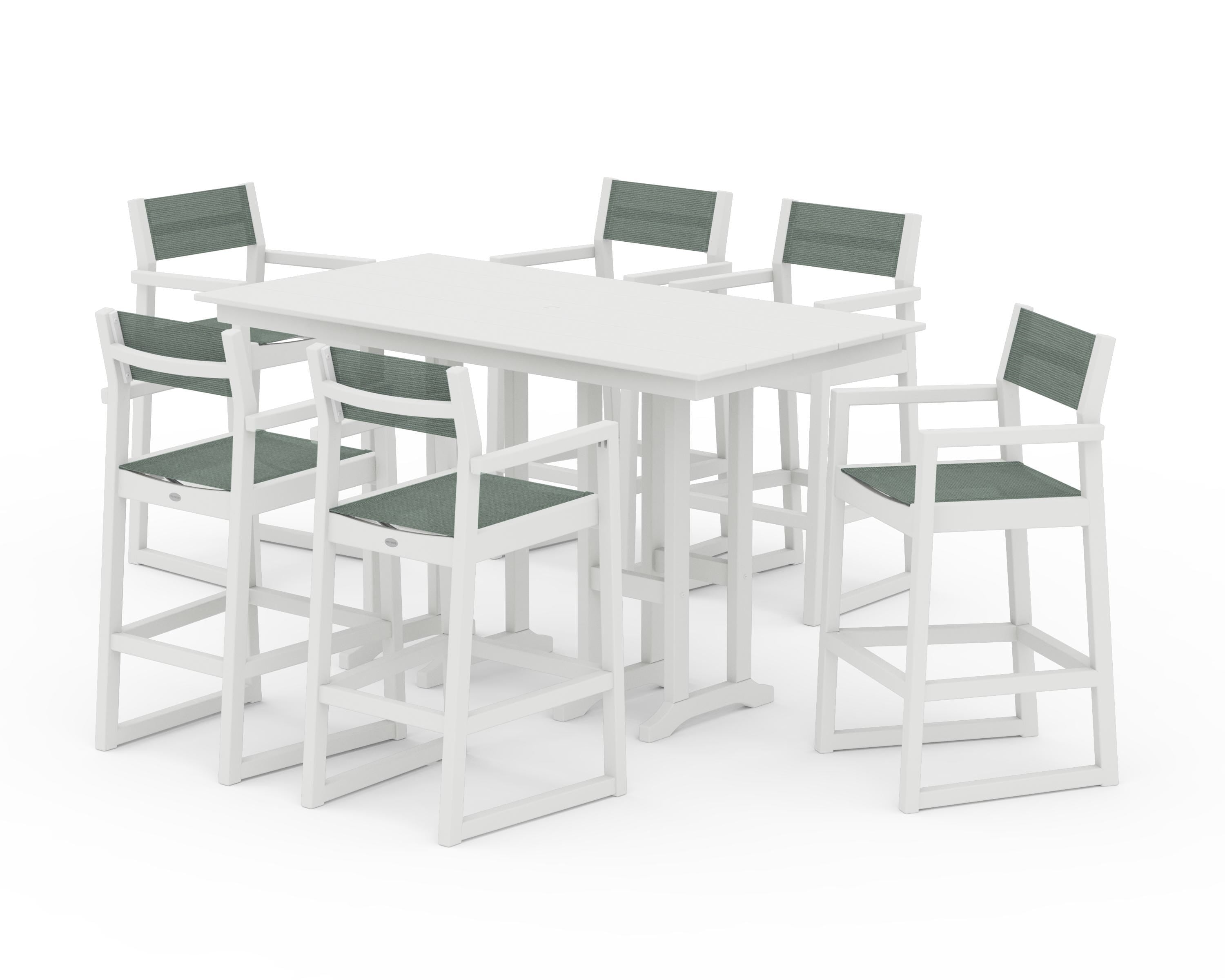 POLYWOOD EDGE Sling Arm Chair 7-Piece Farmhouse Bar Set in Vintage White / Dupioni Sea Mist Sling