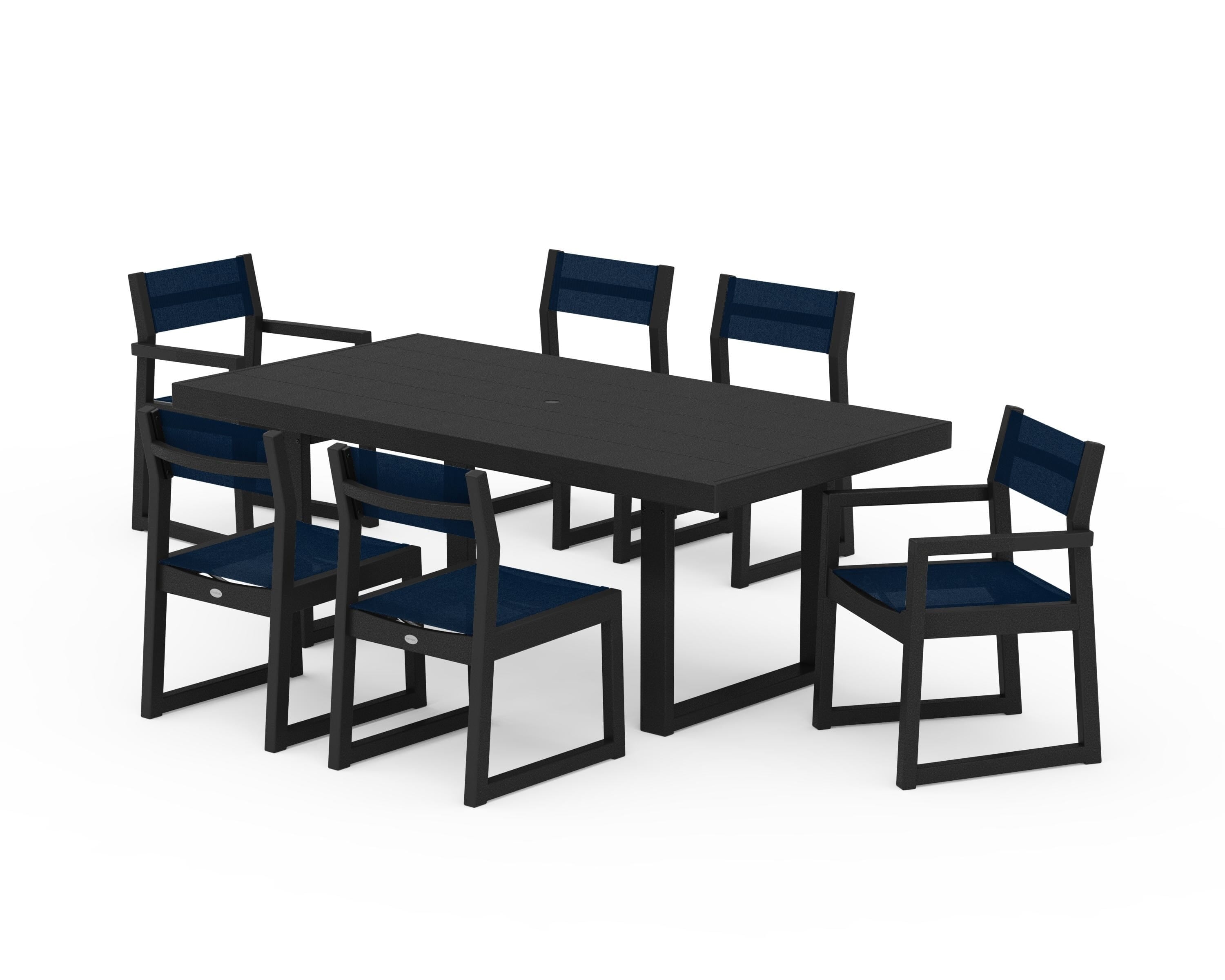 POLYWOOD EDGE Sling 7-Piece Dining Set in Black / Navy Blue Sling