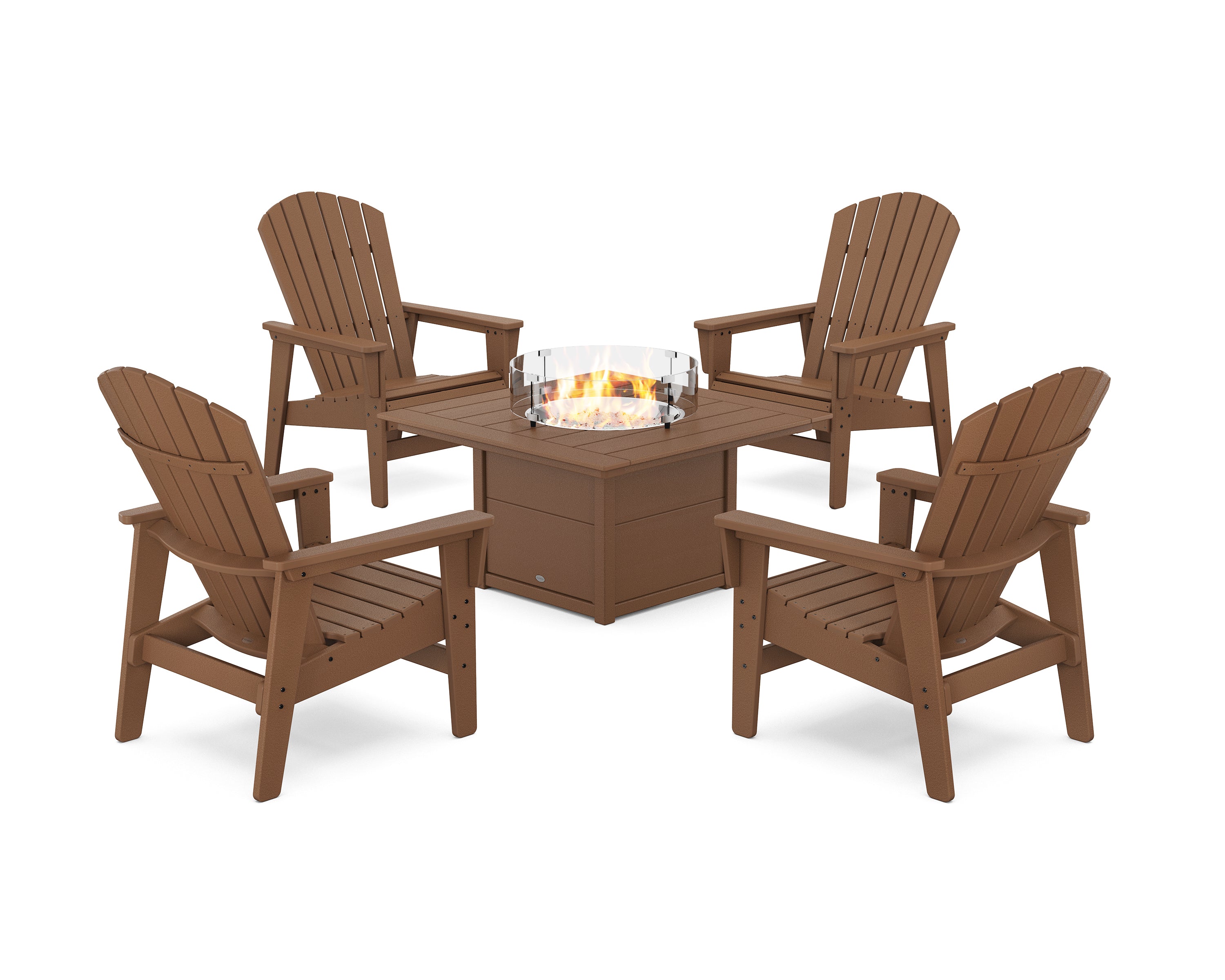 POLYWOOD 5-Piece Nautical Grand Upright Adirondack Conversation Set with Fire Pit Table in Teak