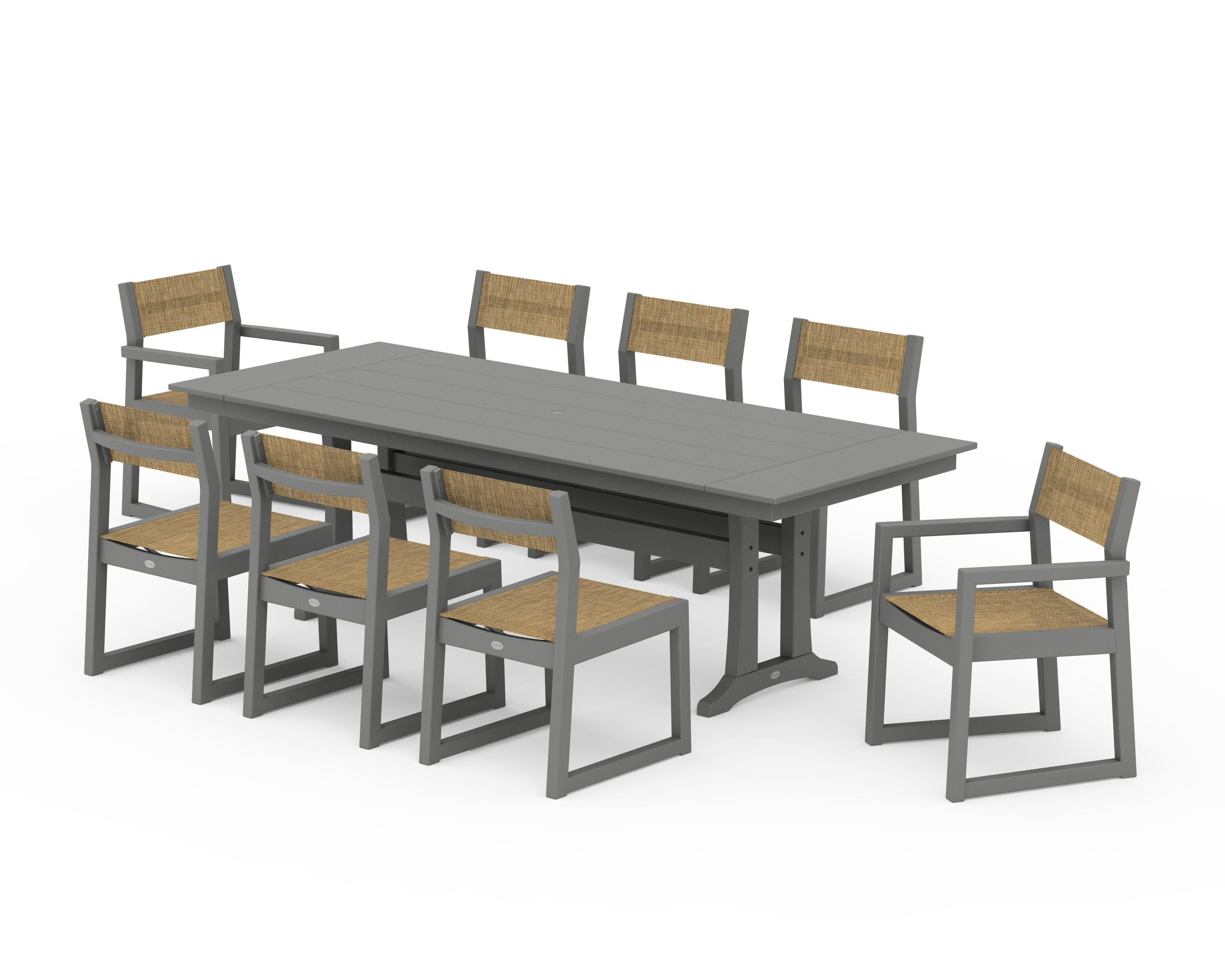POLYWOOD EDGE Sling 9-Piece Farmhouse Trestle Dining Set in Slate Grey / Burlap Sling