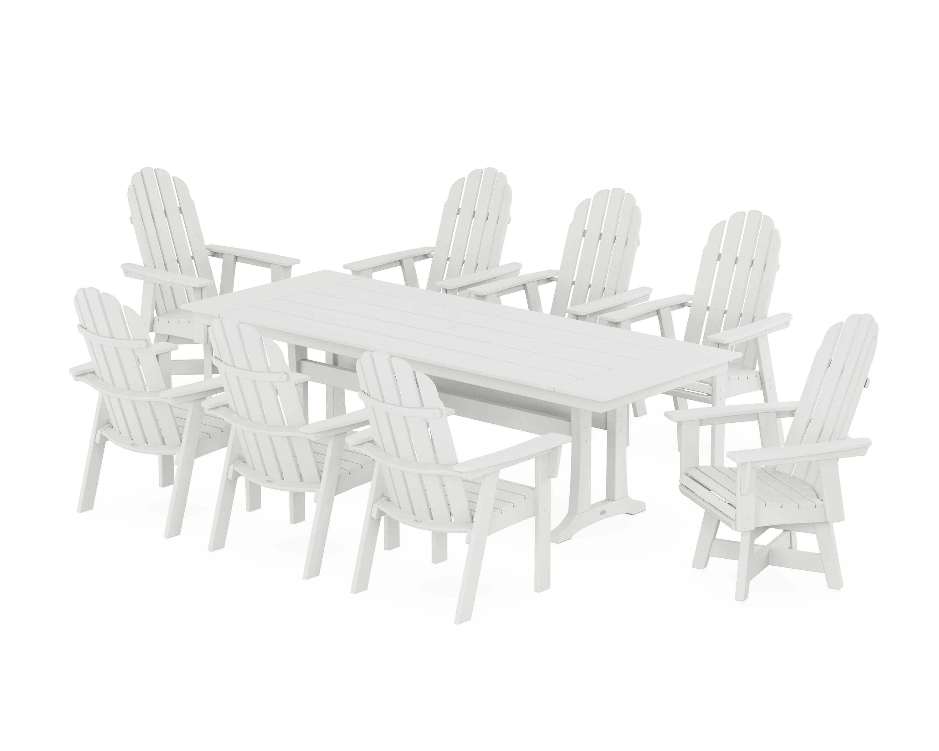 POLYWOOD® Vineyard 9-Piece Curveback Adirondack Swivel Farmhouse Dining Set with Trestle Legs in Vintage White
