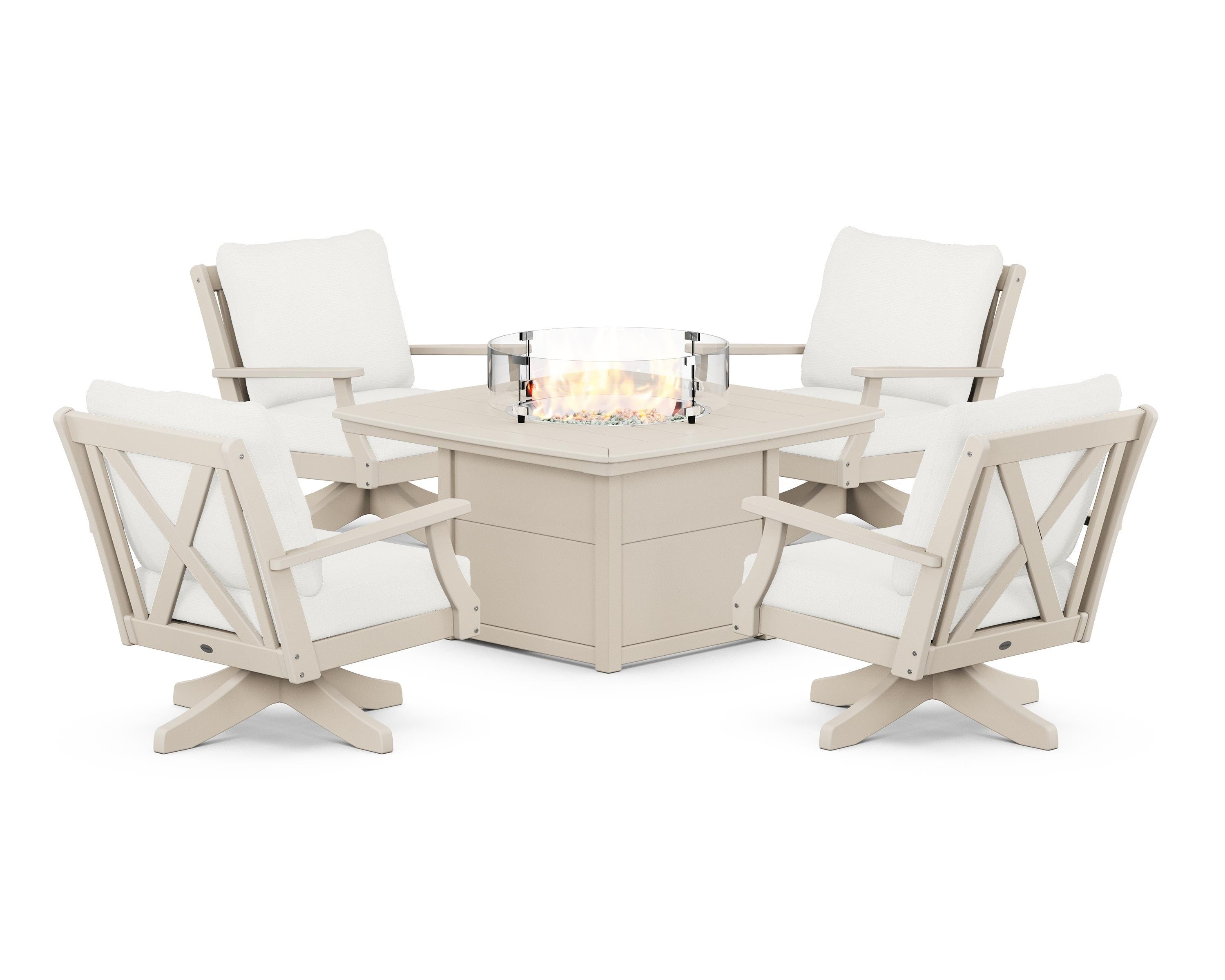POLYWOOD Braxton 5-Piece Deep Seating Swivel Conversation Set with Fire Pit Table in Sand / Natural Linen