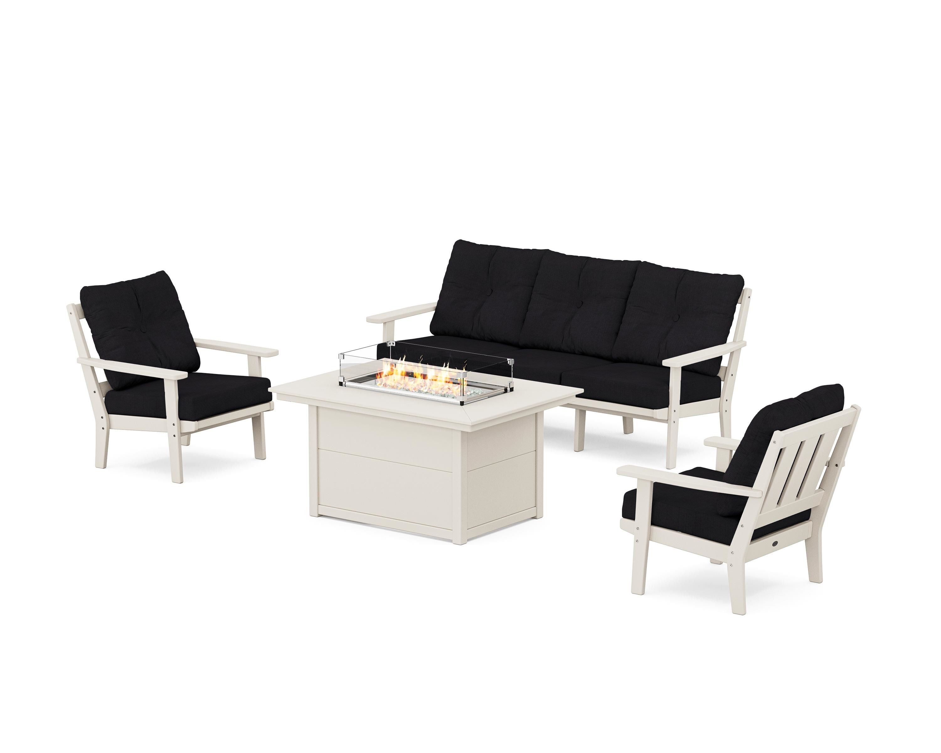 POLYWOOD Oxford Deep Seating Fire Pit Table Set in Sand / Midnight Linen