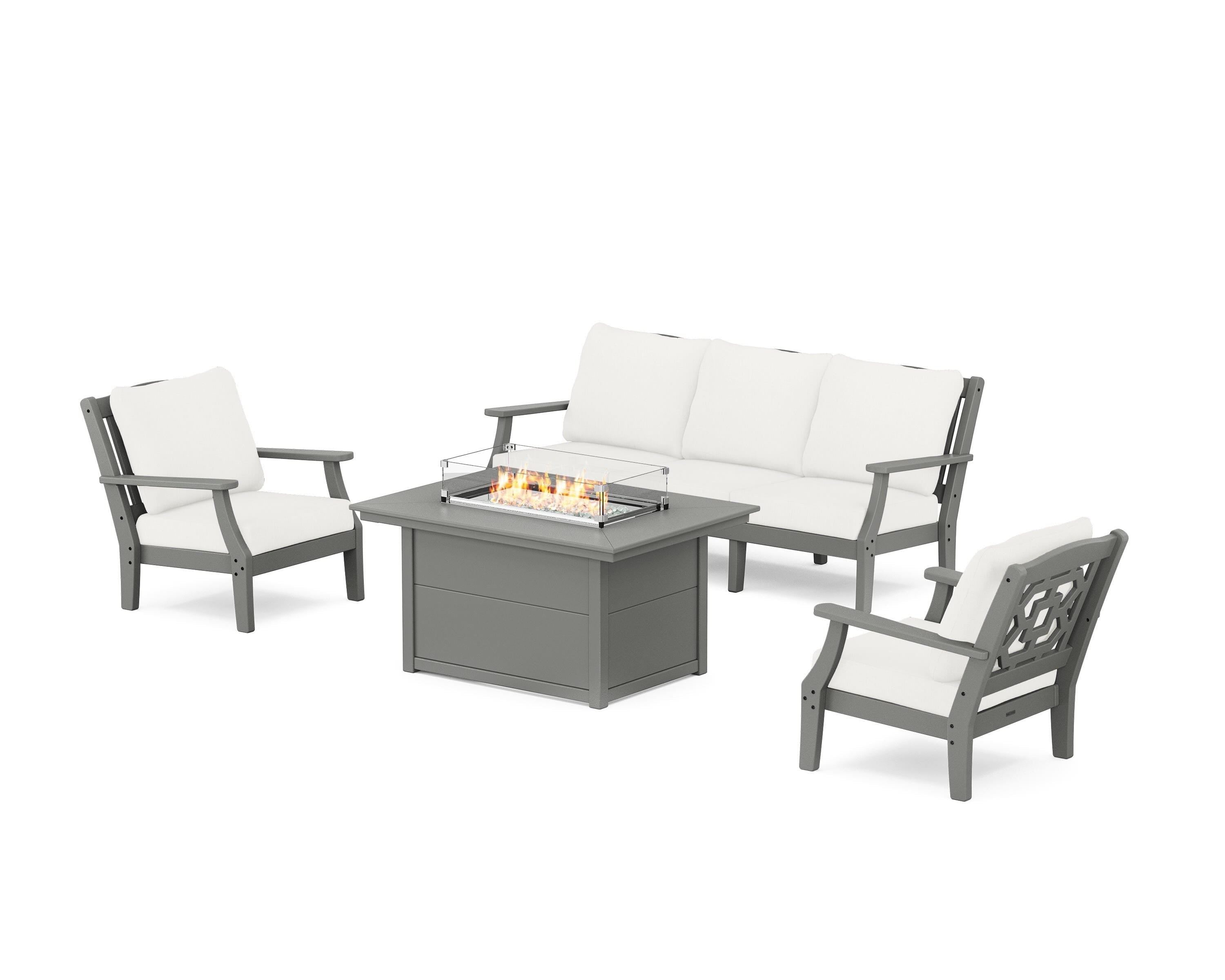 Martha Stewart by POLYWOOD Chinoiserie Deep Seating Fire Pit Table Set in Slate Grey / Natural Linen