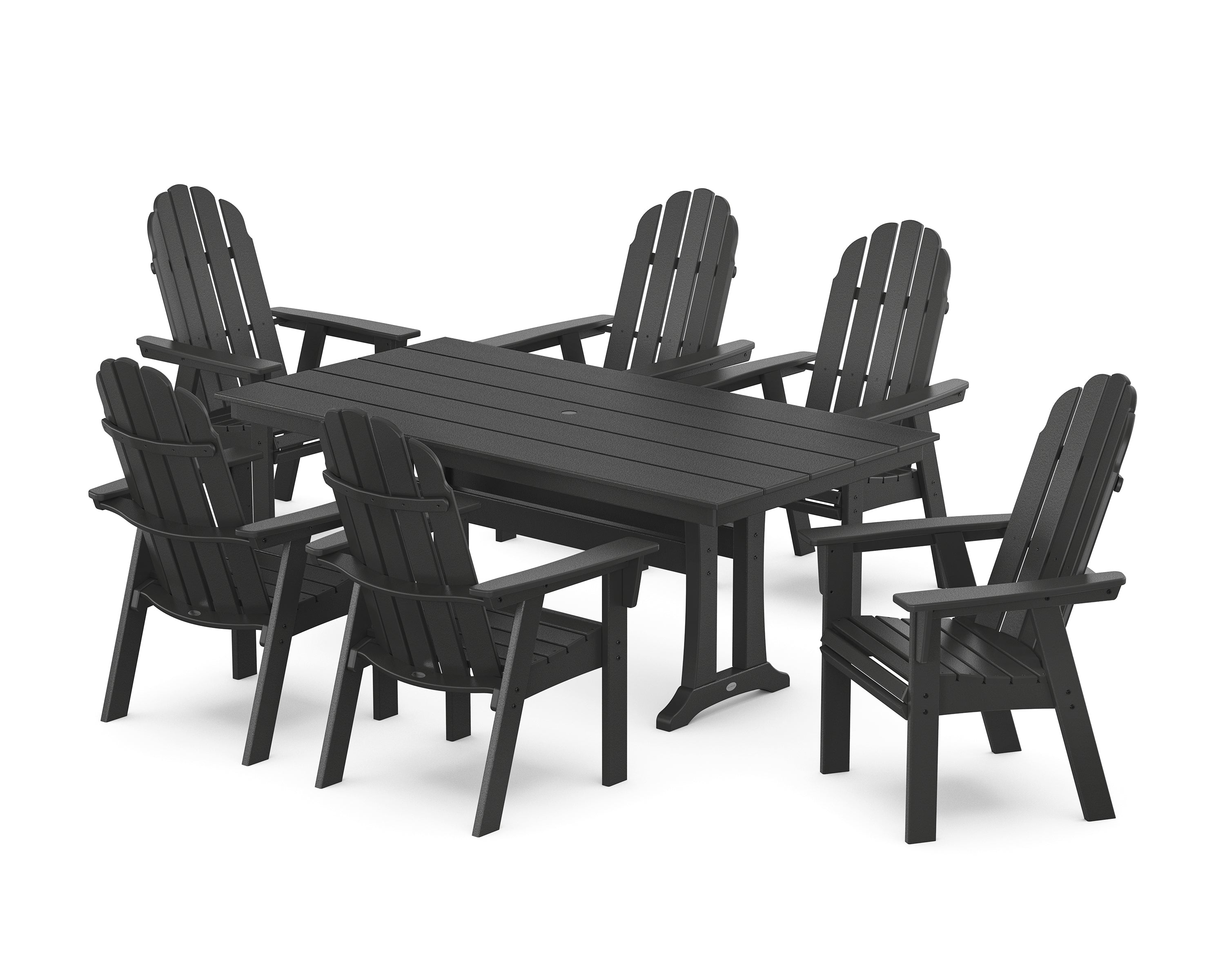 POLYWOOD Vineyard Curveback Adirondack Chair 7-Piece Farmhouse Dining Set with Trestle Legs in Black