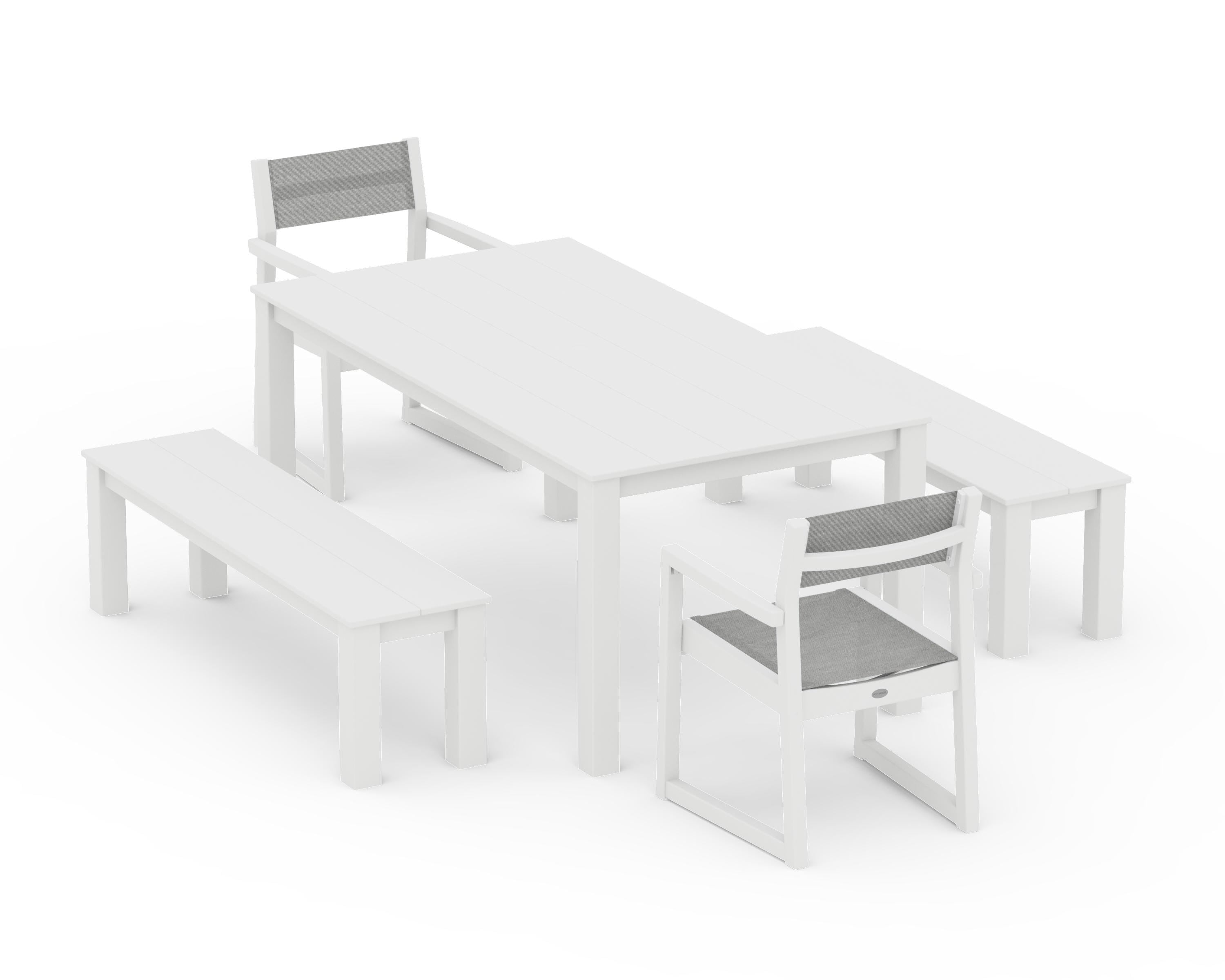POLYWOOD EDGE Sling Arm Chair 5-Piece Parsons Dining Set with Benches in White / Metallic Sling