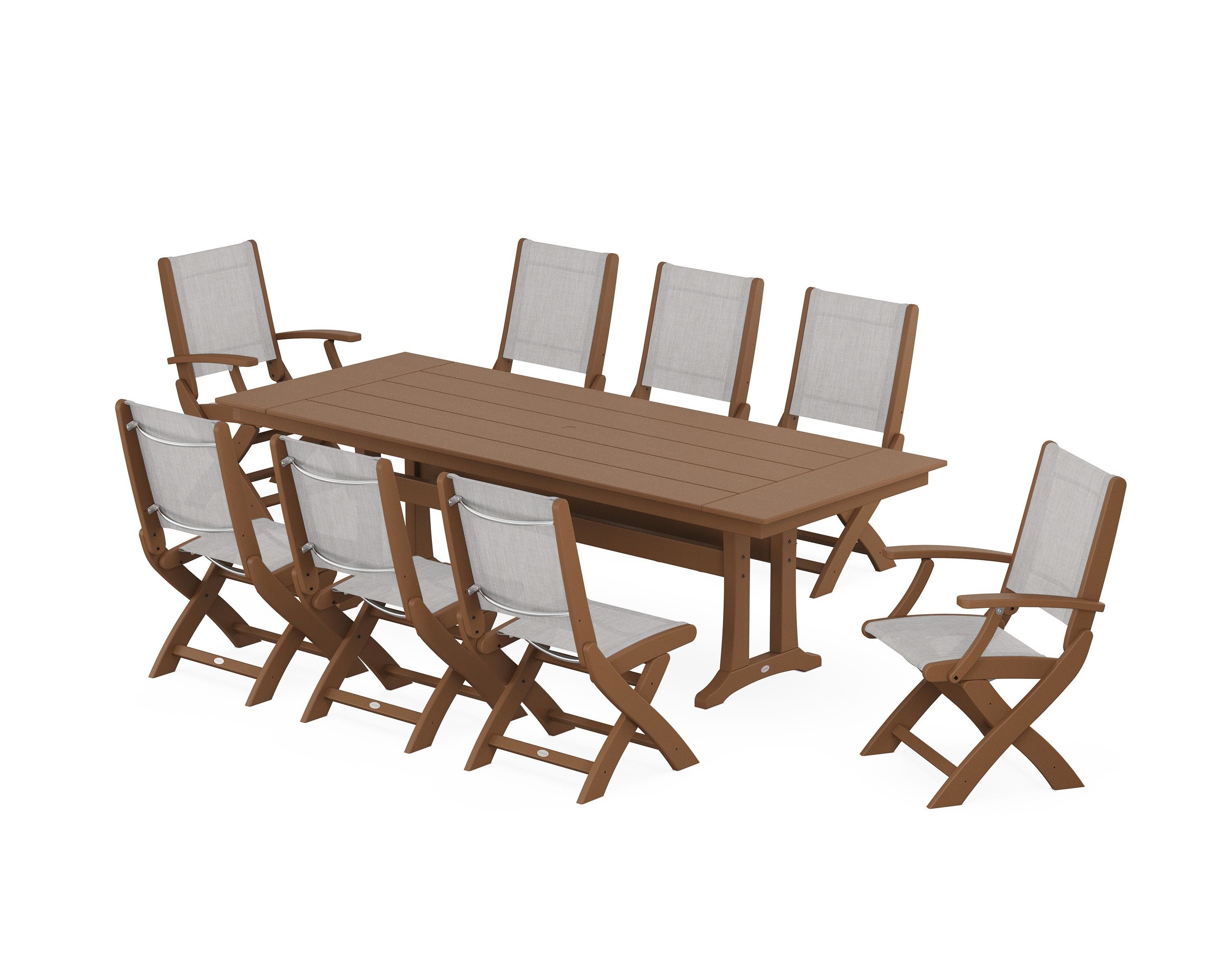 POLYWOOD Coastal 9-Piece Folding Dining Chair Farmhouse Dining Set with Trestle Legs in Teak / Parchment Sling