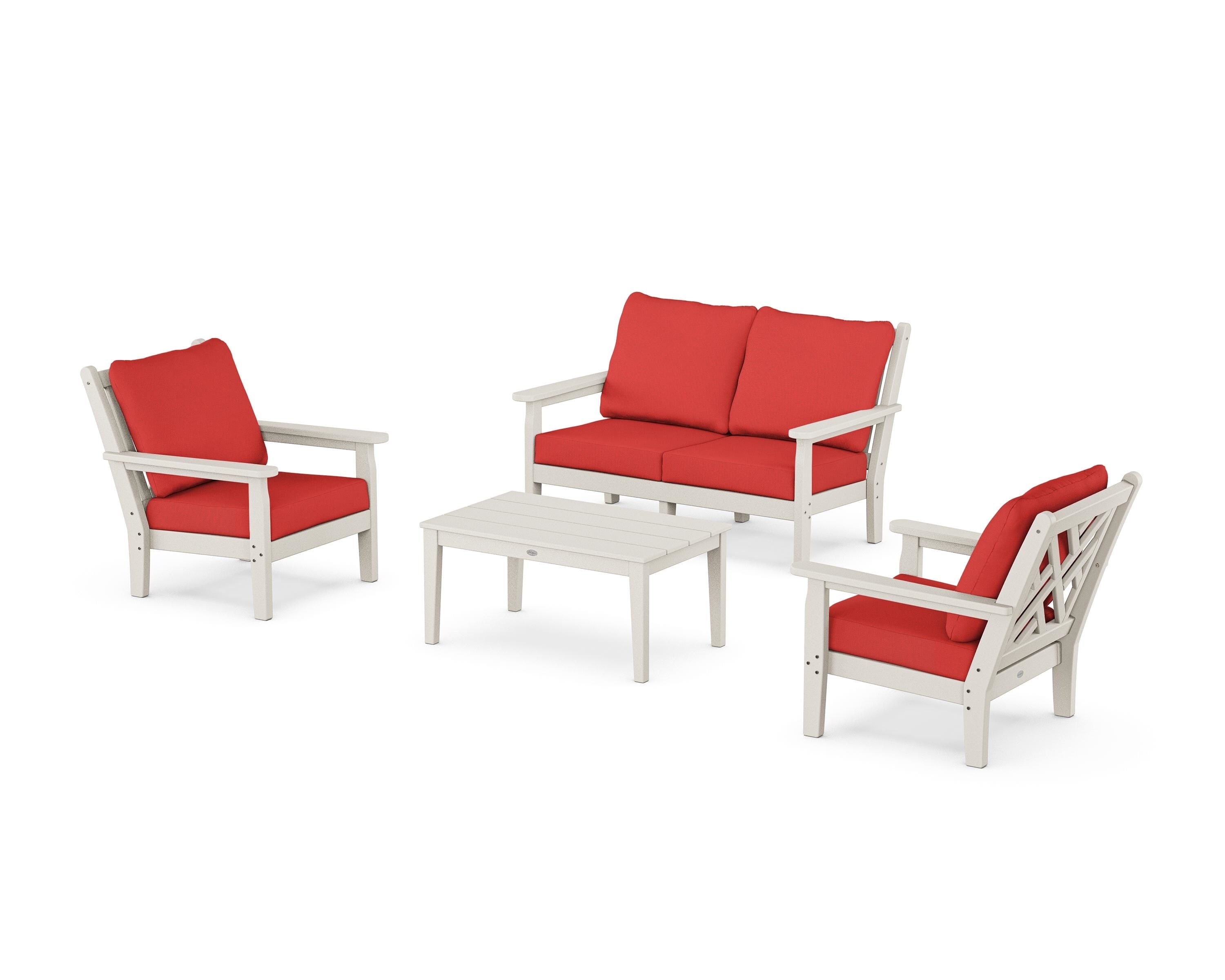 POLYWOOD Chippendale 4-Piece Deep Seating Set with Loveseat in Sand / Crimson Linen