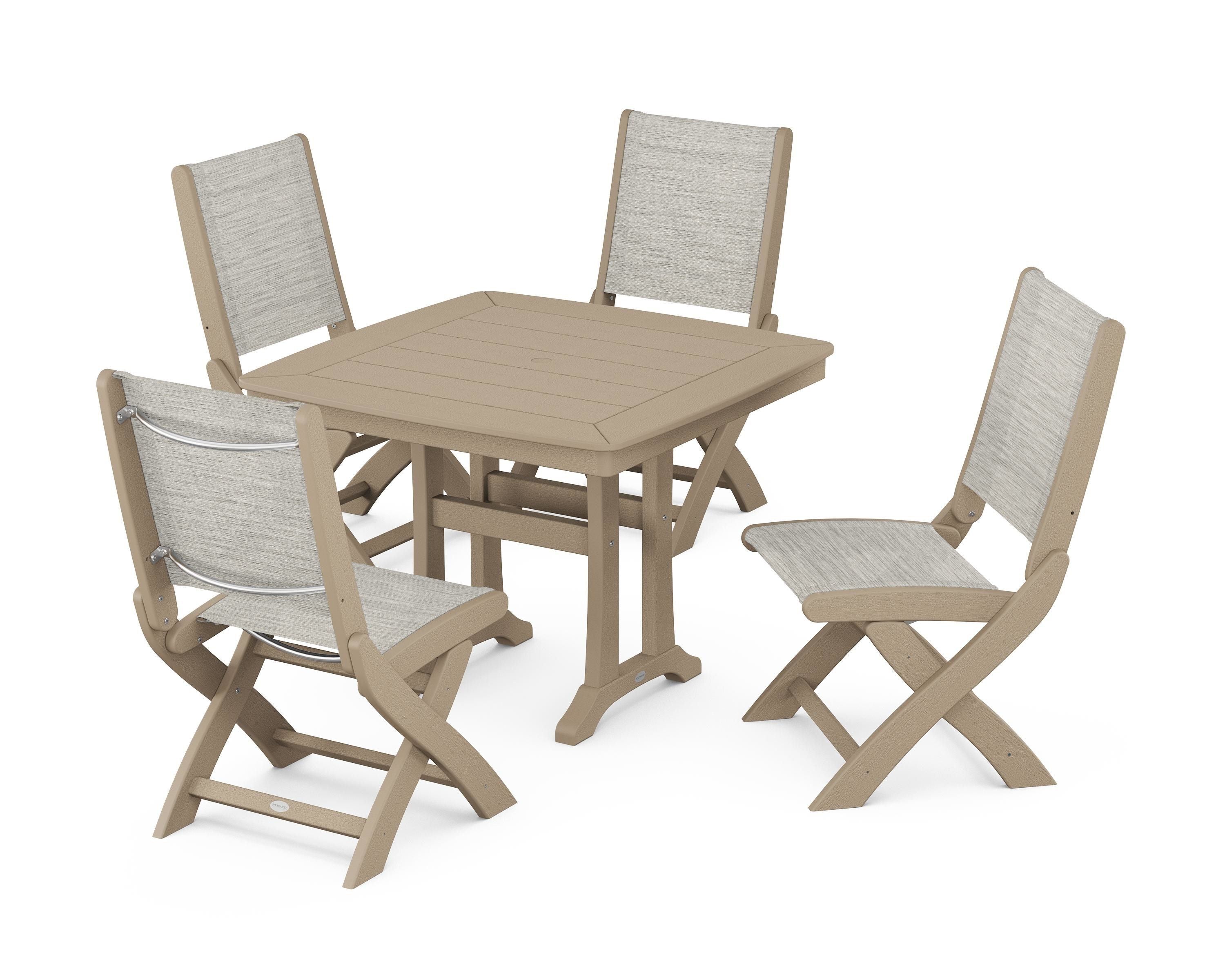 POLYWOOD Coastal Folding Side Chair 5-Piece Dining Set with Trestle Legs in Vintage Sahara / Birch Sling