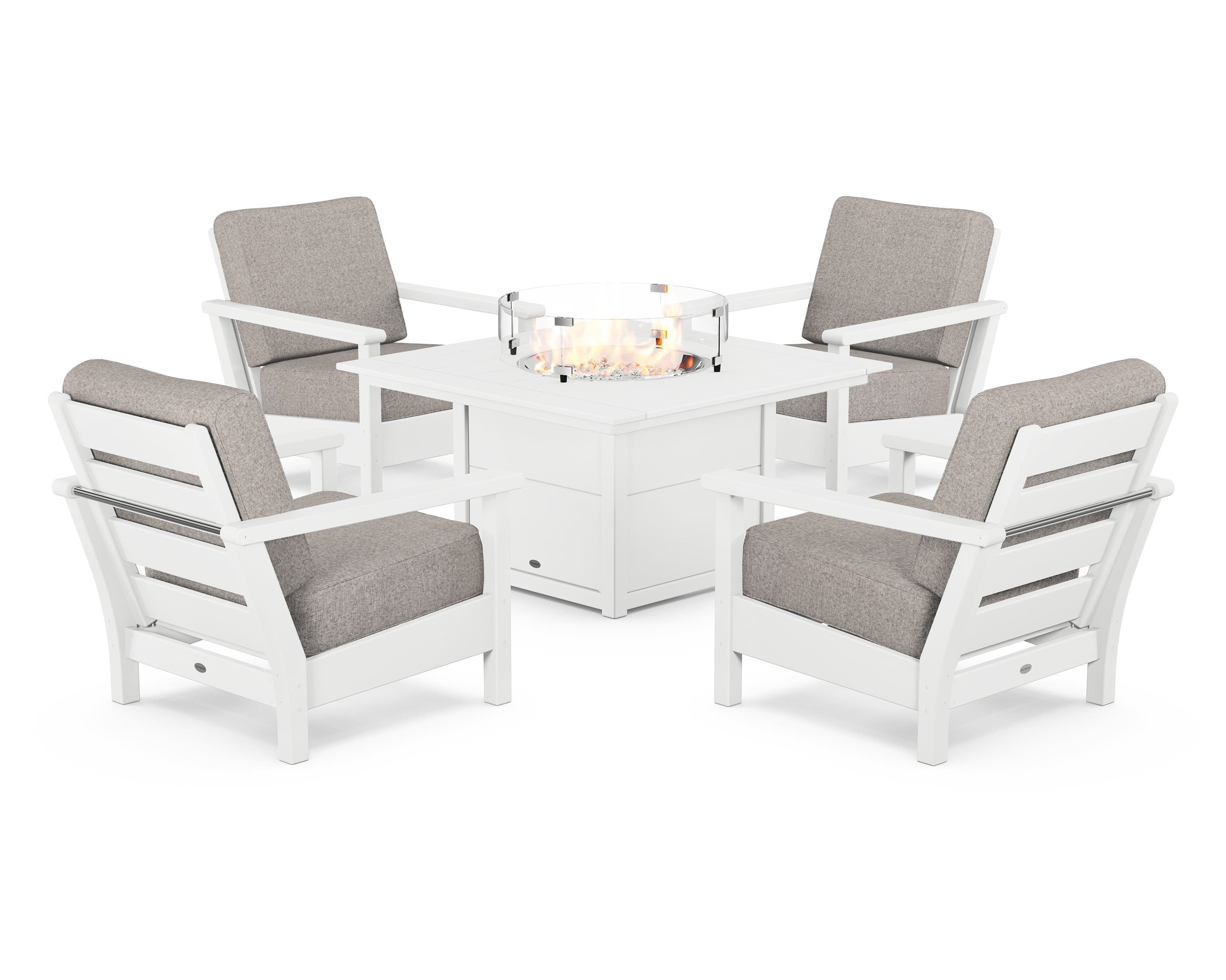 POLYWOOD Harbour 5-Piece Conversation Set with Fire Pit Table in White / Weathered Tweed