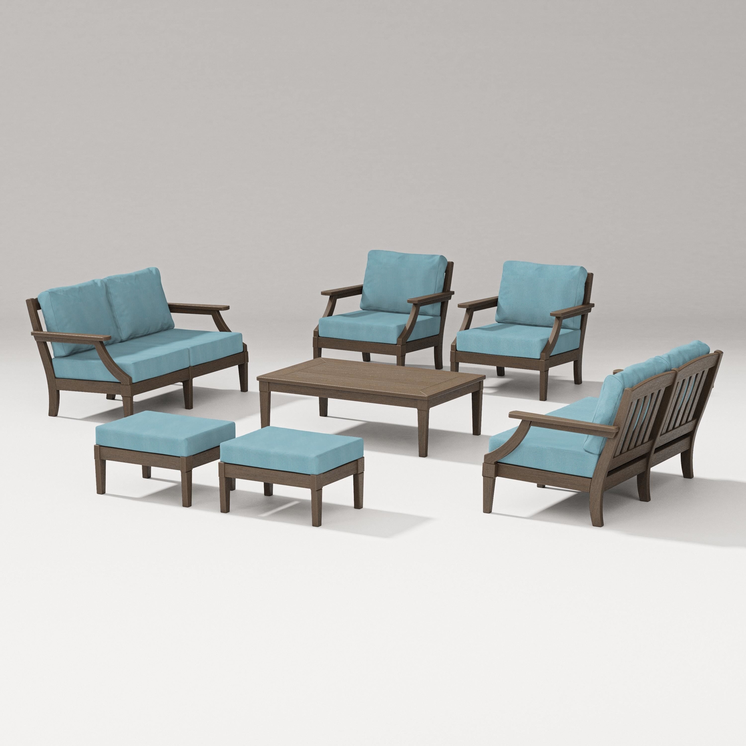 PW Designer Series Estate 7-Piece Lounge Loveseat Set in Kona / Lattice Sky Blue