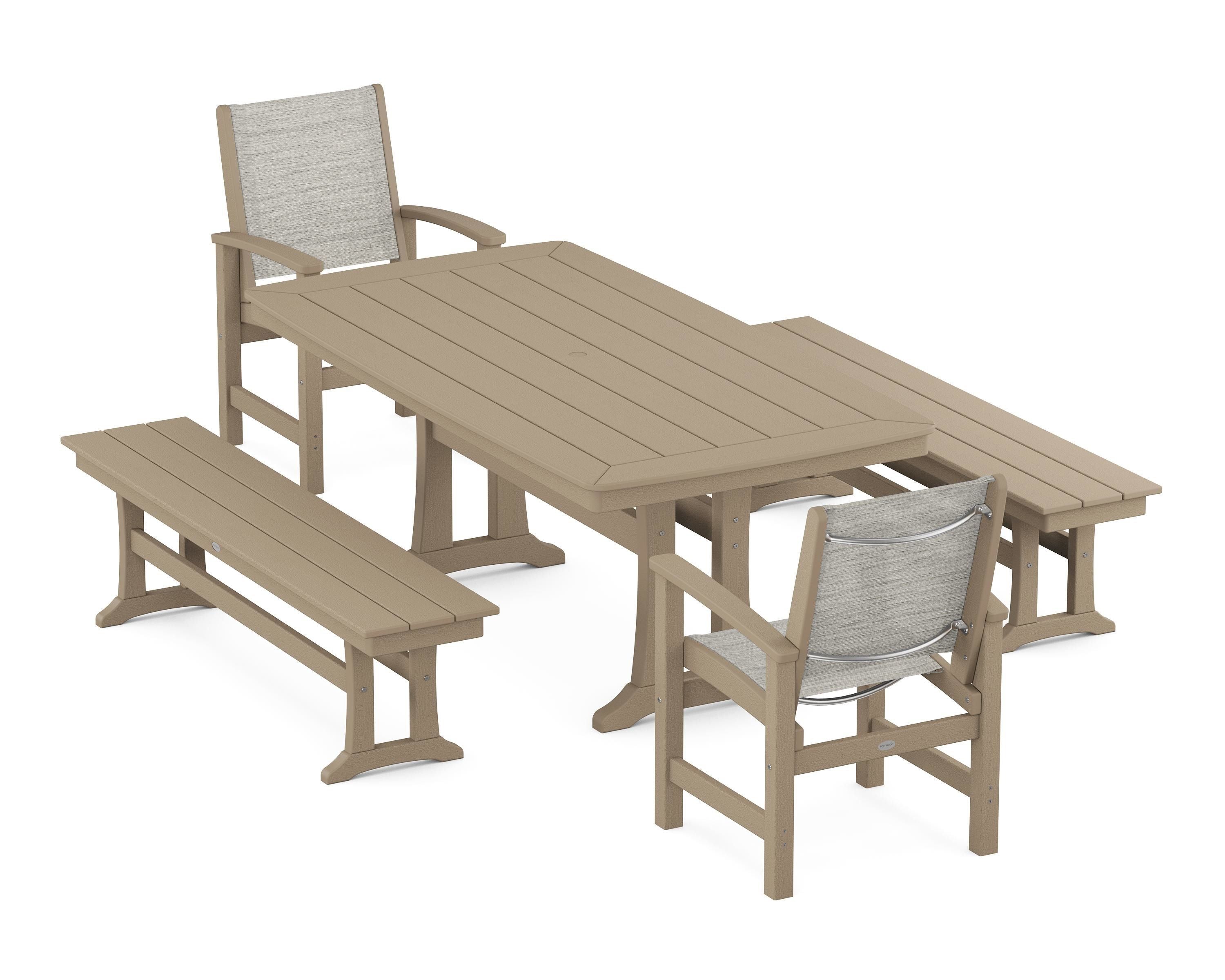 POLYWOOD Coastal 5-Piece Dining Set with Trestle Legs and Benches in Vintage Sahara / Birch Sling