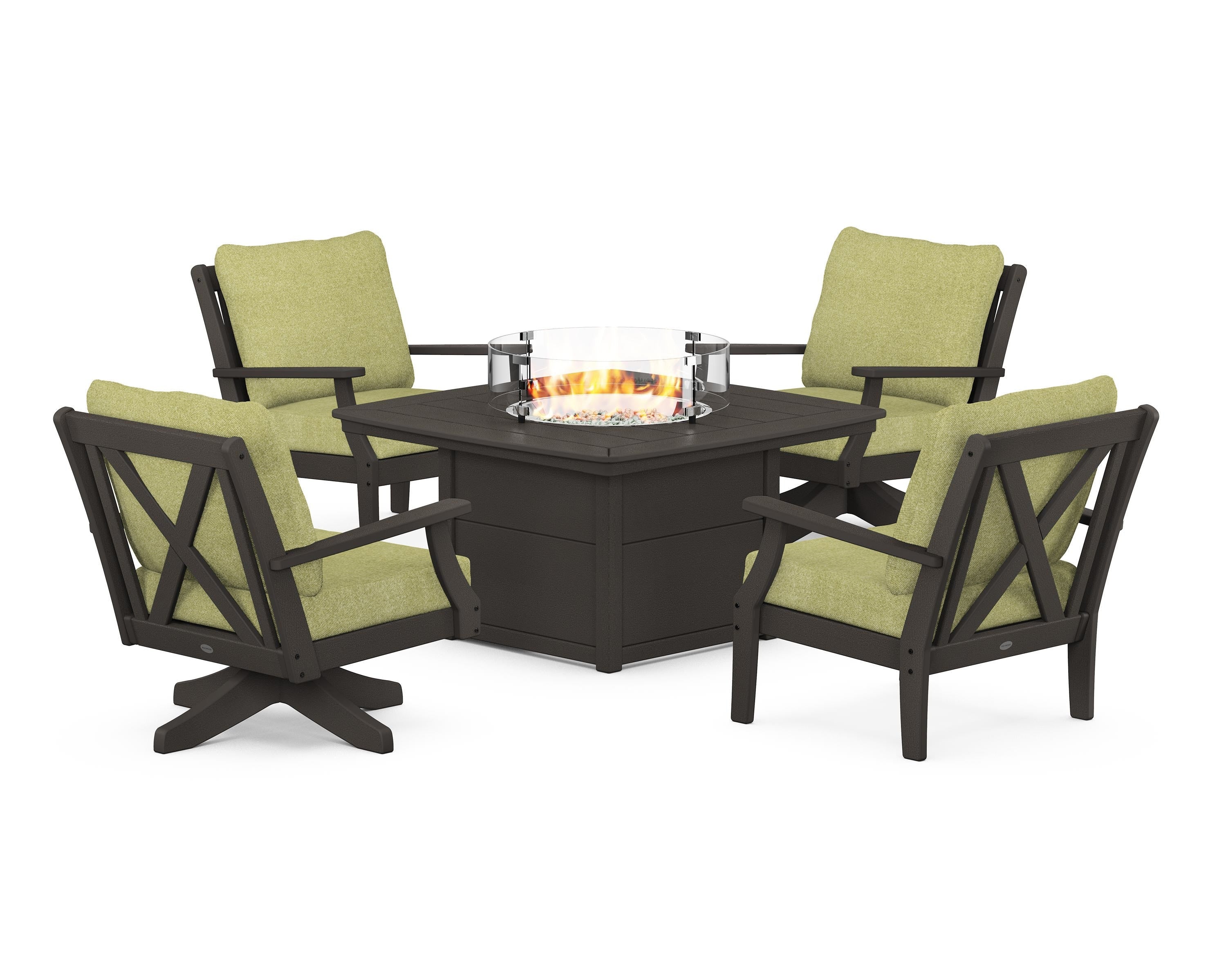 POLYWOOD Braxton 5-Piece Deep Seating Set with Fire Table in Vintage Coffee / Chartreuse Boucle